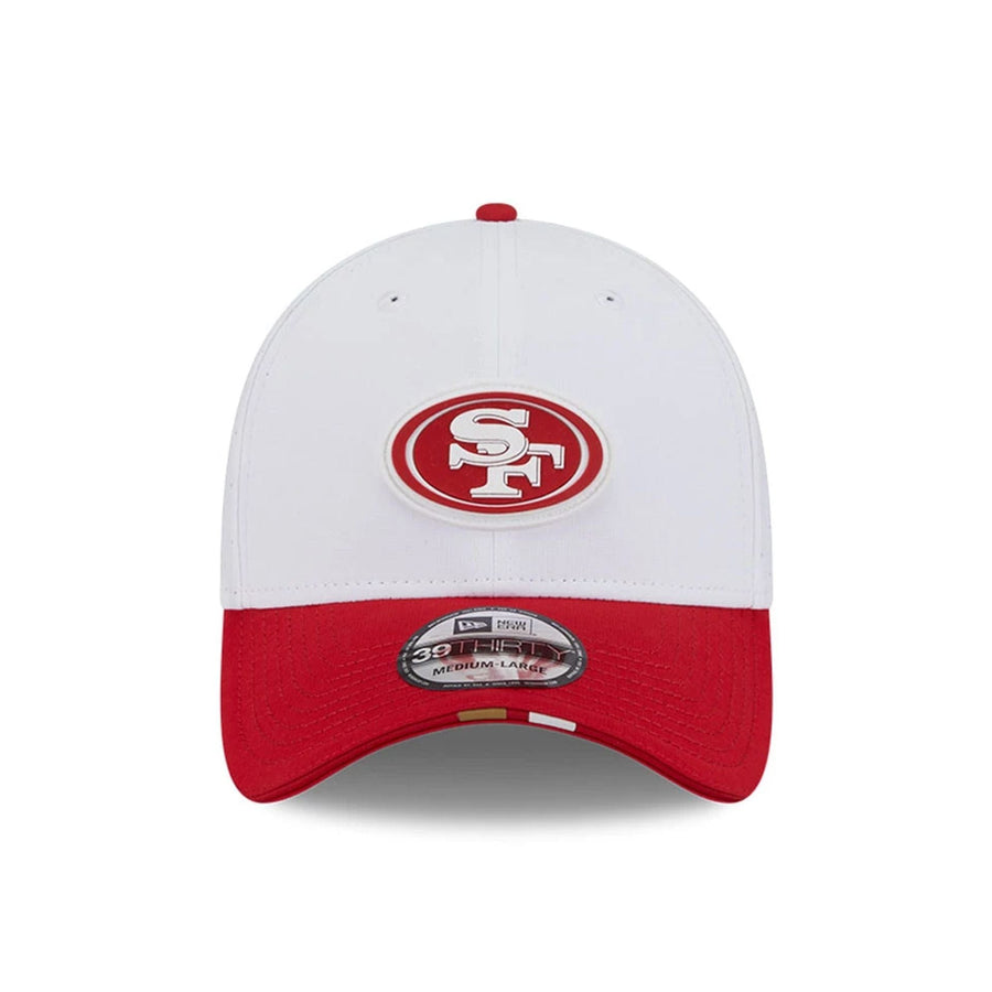 This is a San Francisco 49ers NFL Training 2025 White 39THIRTY Stretch Fit Cap 2