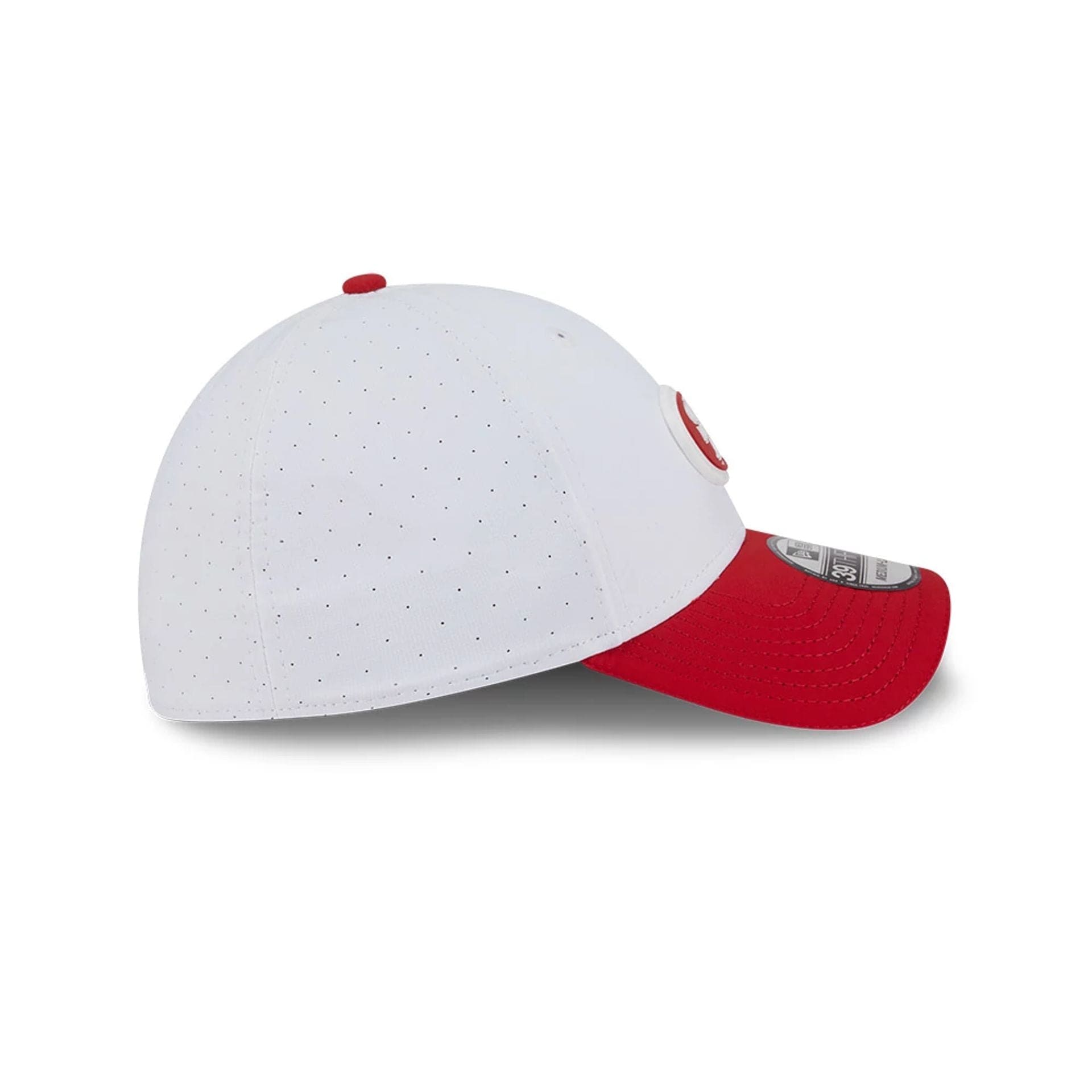 This is a San Francisco 49ers NFL Training 2025 White 39THIRTY Stretch Fit Cap 6