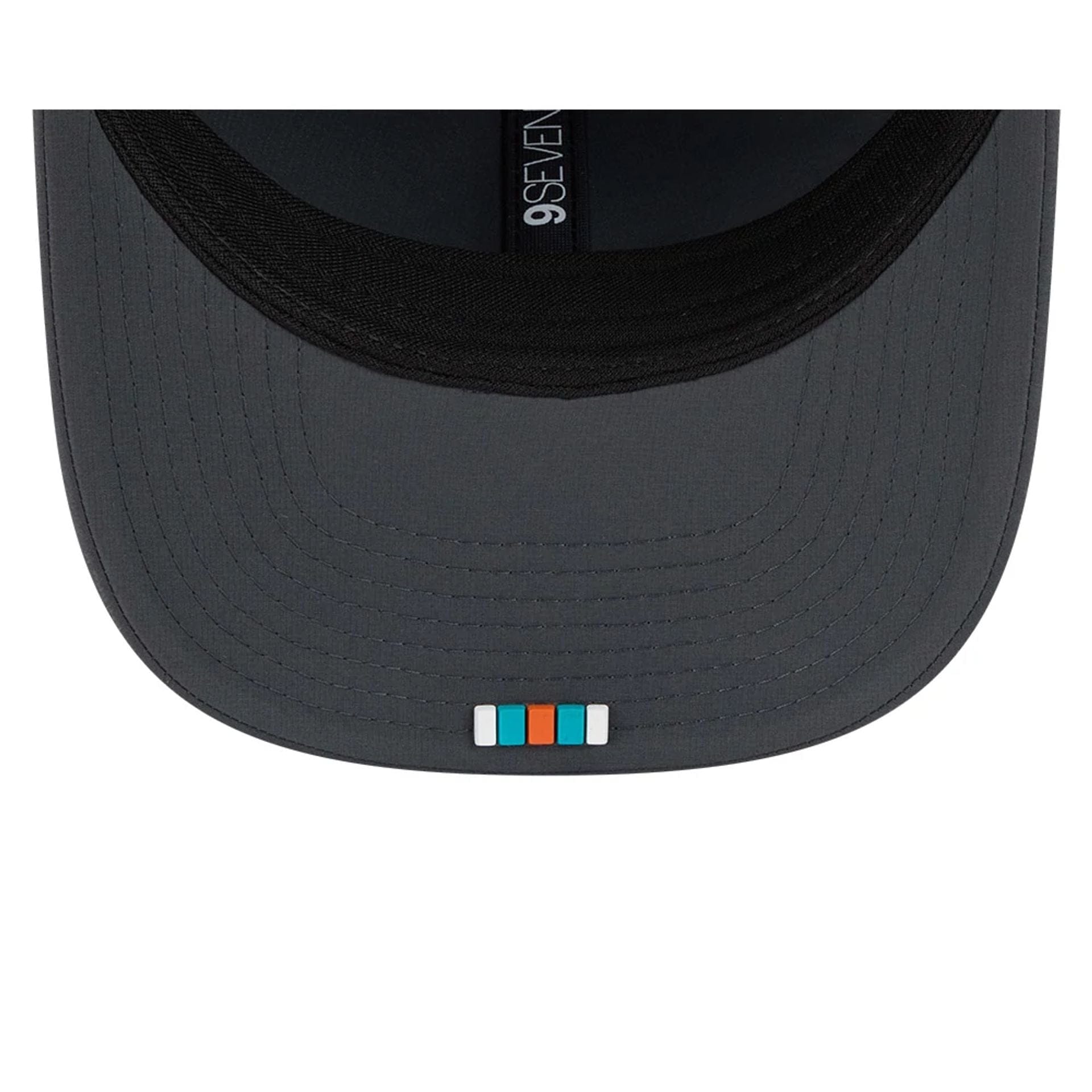 This is a Miami Dolphins NFL Sideline 2025 Charcoal 9SEVENTY Stretch Snap Adjustable Cap 2