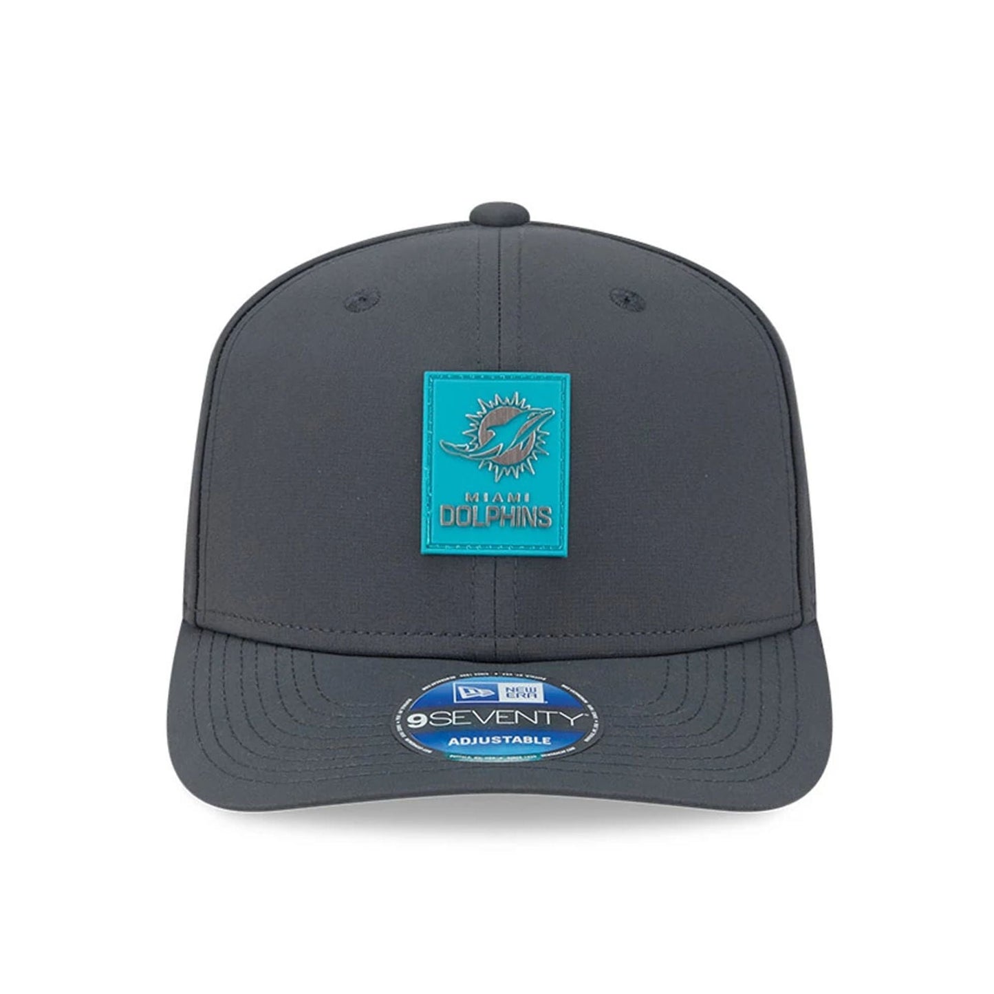 This is a Miami Dolphins NFL Sideline 2025 Charcoal 9SEVENTY Stretch Snap Adjustable Cap 3