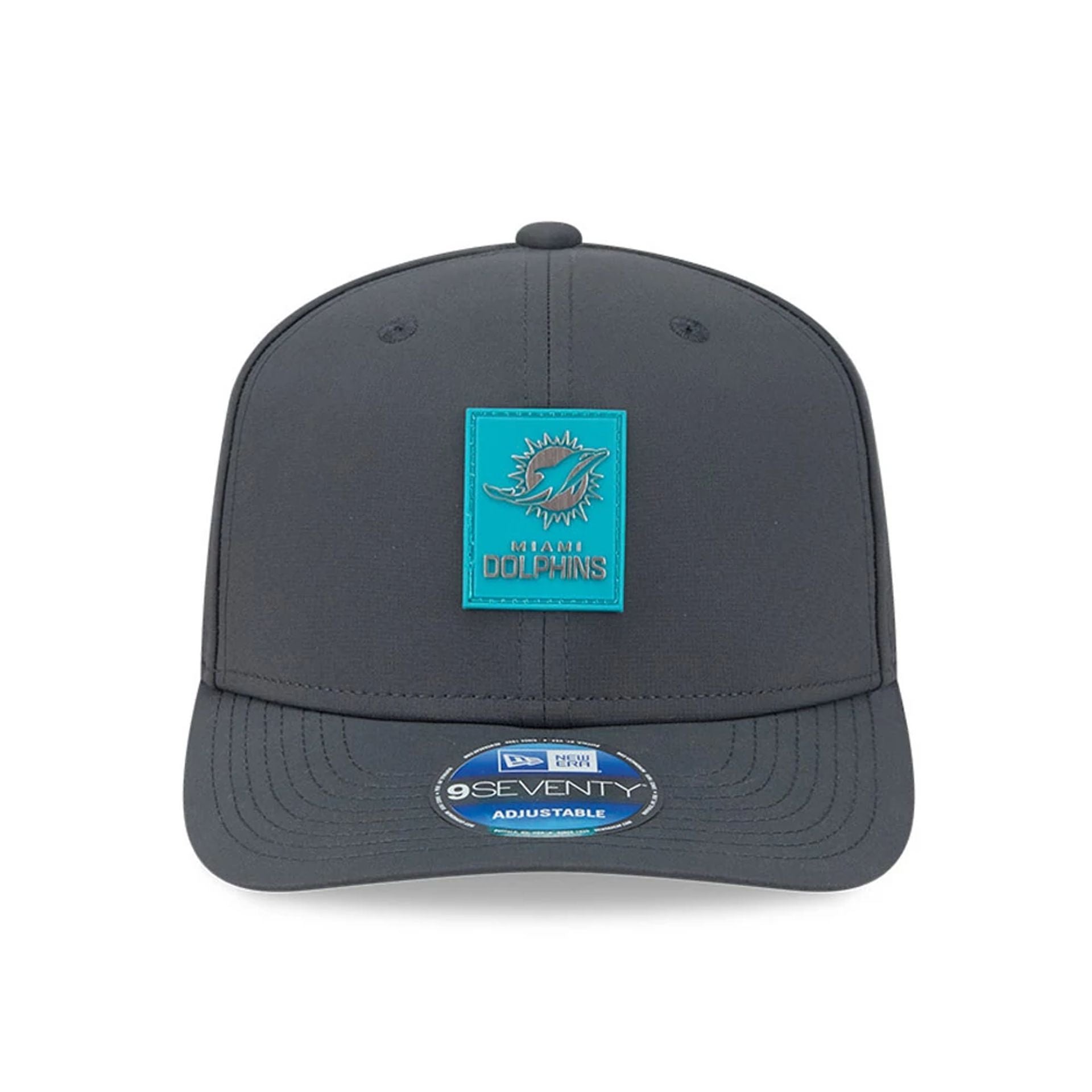 This is a Miami Dolphins NFL Sideline 2025 Charcoal 9SEVENTY Stretch Snap Adjustable Cap 3