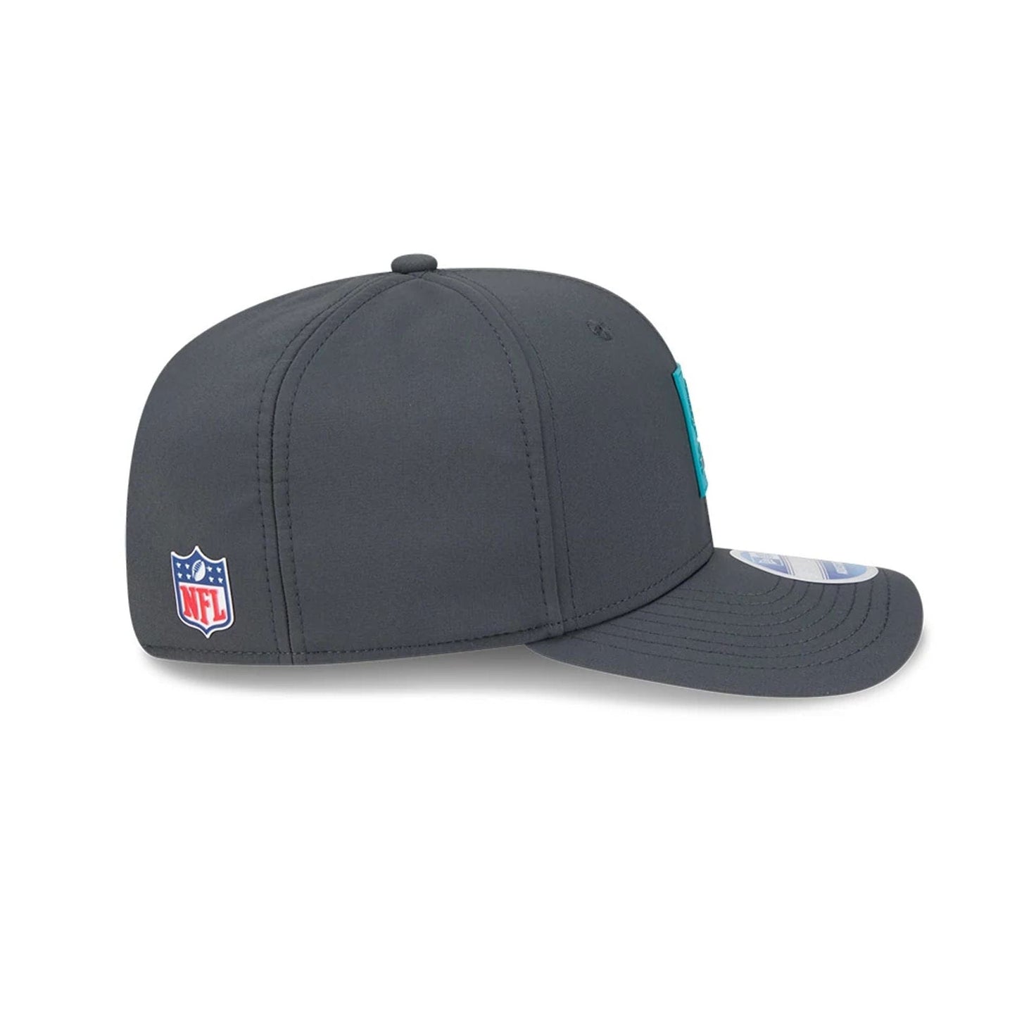 This is a Miami Dolphins NFL Sideline 2025 Charcoal 9SEVENTY Stretch Snap Adjustable Cap 5