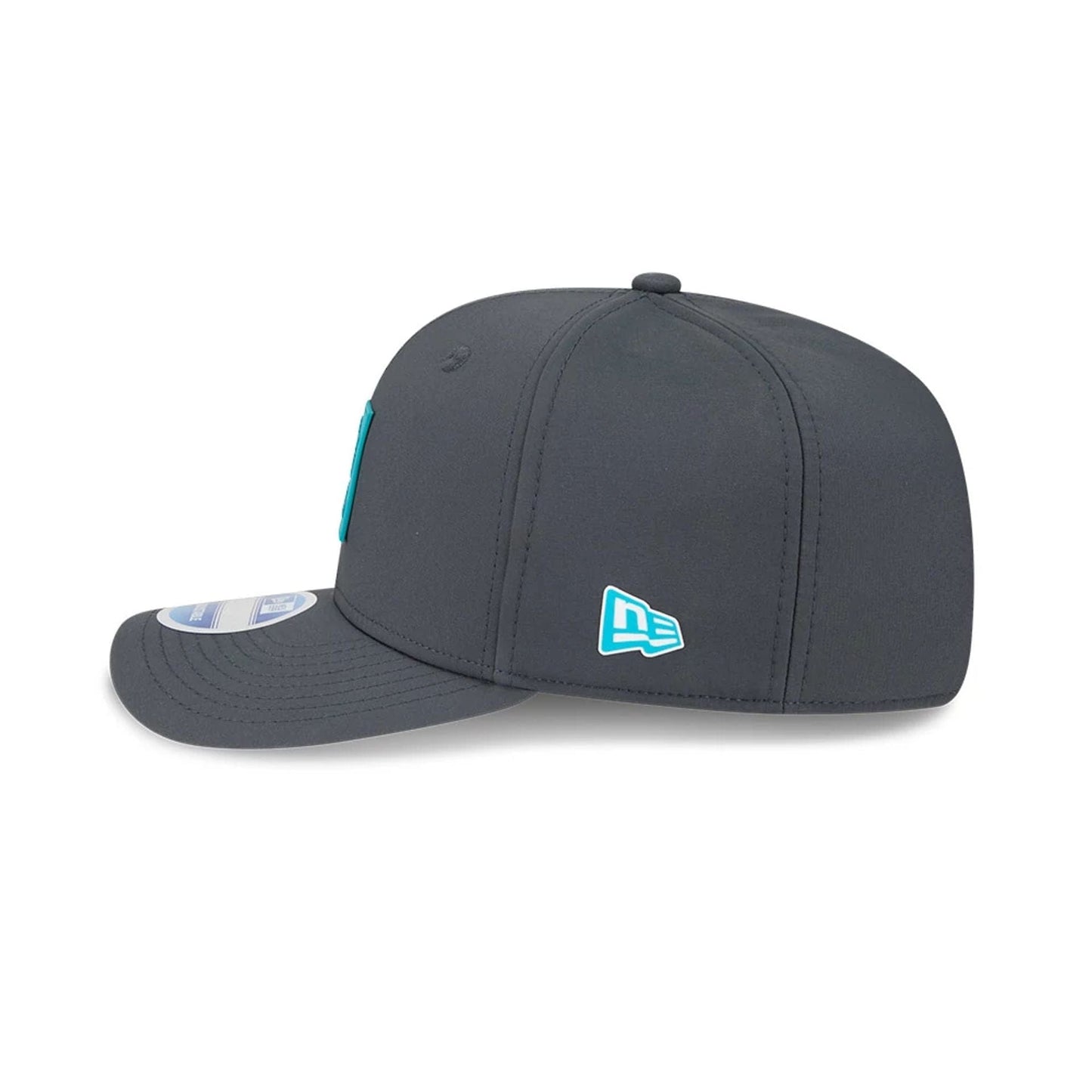 This is a Miami Dolphins NFL Sideline 2025 Charcoal 9SEVENTY Stretch Snap Adjustable Cap 6