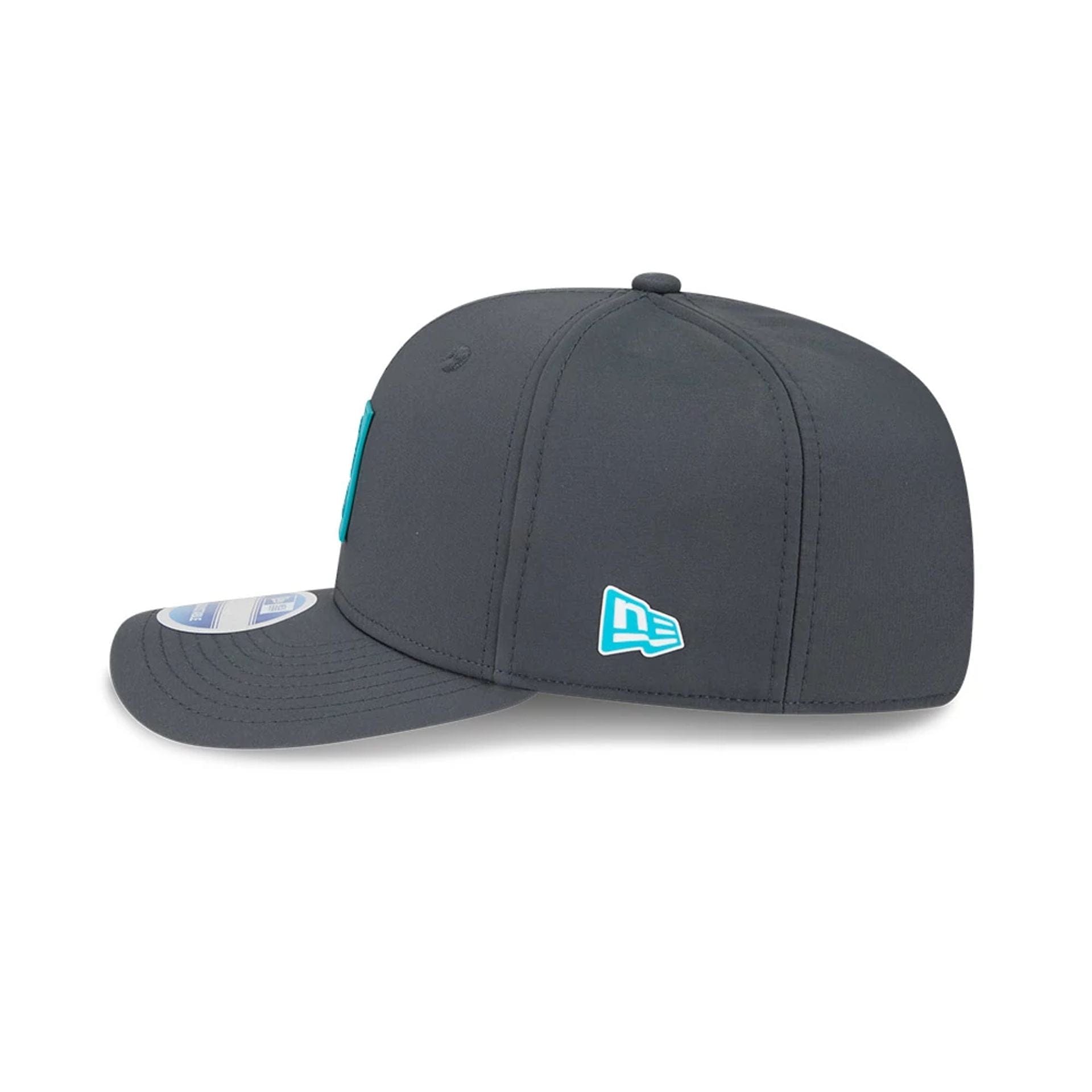 This is a Miami Dolphins NFL Sideline 2025 Charcoal 9SEVENTY Stretch Snap Adjustable Cap 6