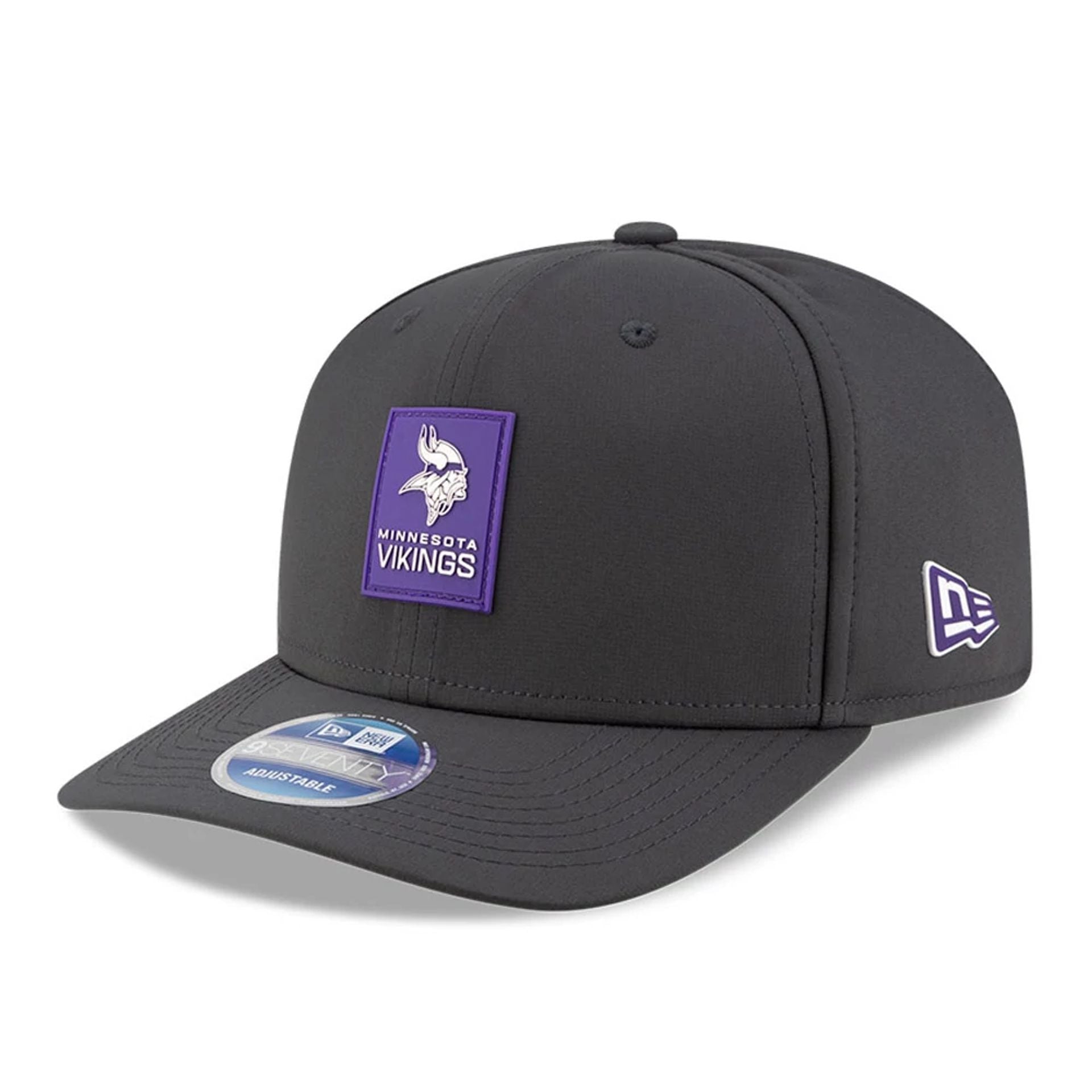 This is a Minnesota Vikings NFL Sideline 2025 Charcoal 9SEVENTY Stretch Snap Adjustable Cap 1