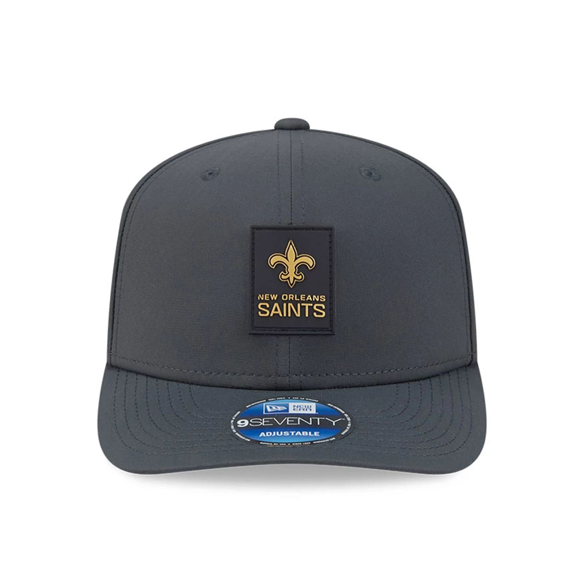 This is a New Orleans Saints NFL Sideline 2025 Charcoal 9SEVENTY Stretch Snap Adjustable Cap 3