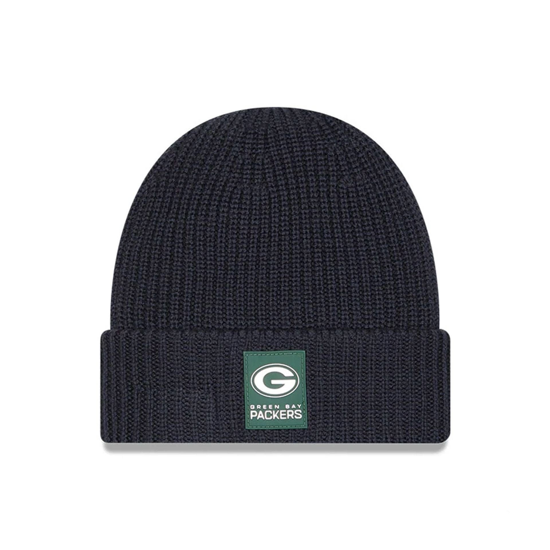 This is a Green Bay Packers NFL Sideline 2025 Charcoal Cuff Knit Beanie Hat 1