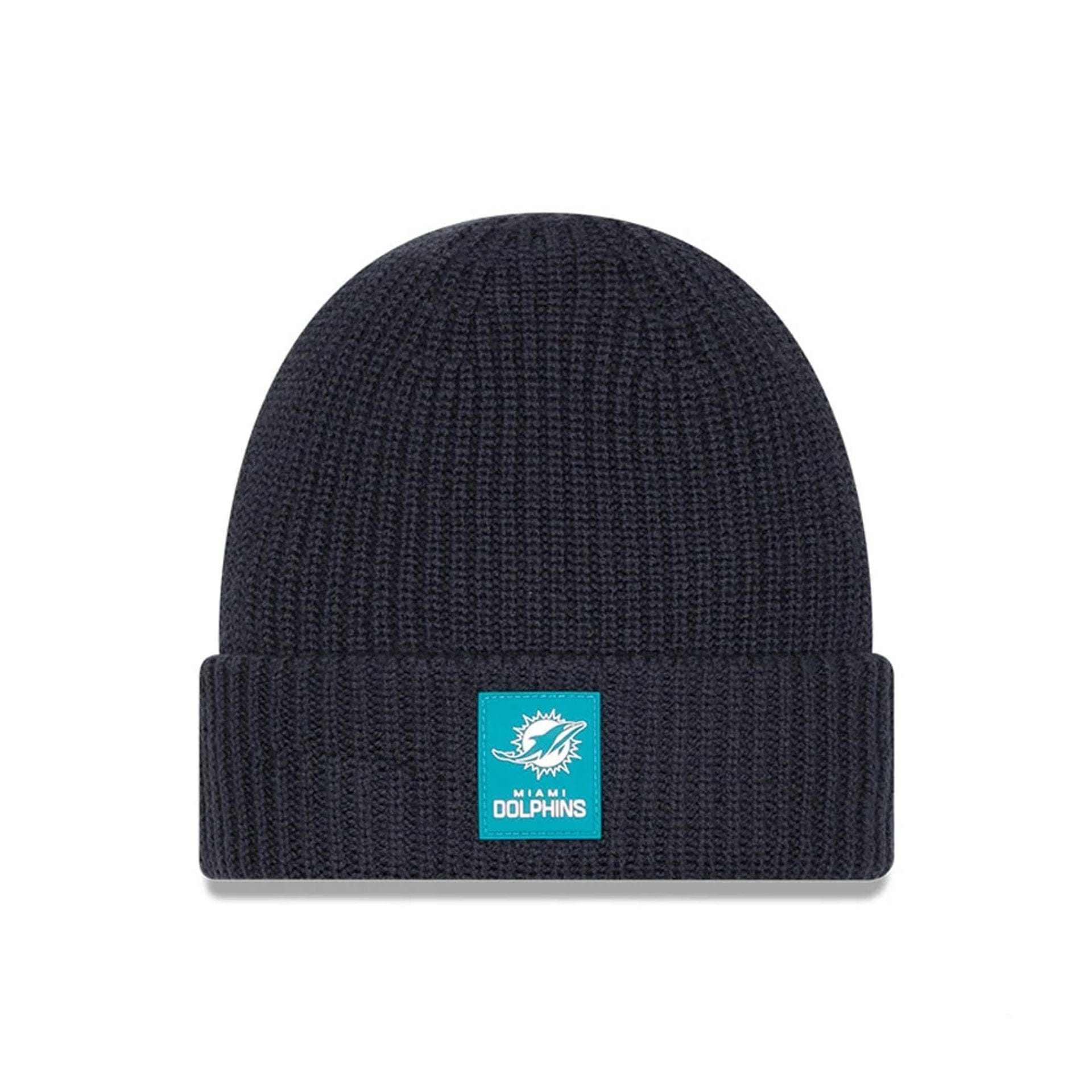 This is a Miami Dolphins NFL Sideline 2025 Charcoal Cuff Knit Beanie Hat 1
