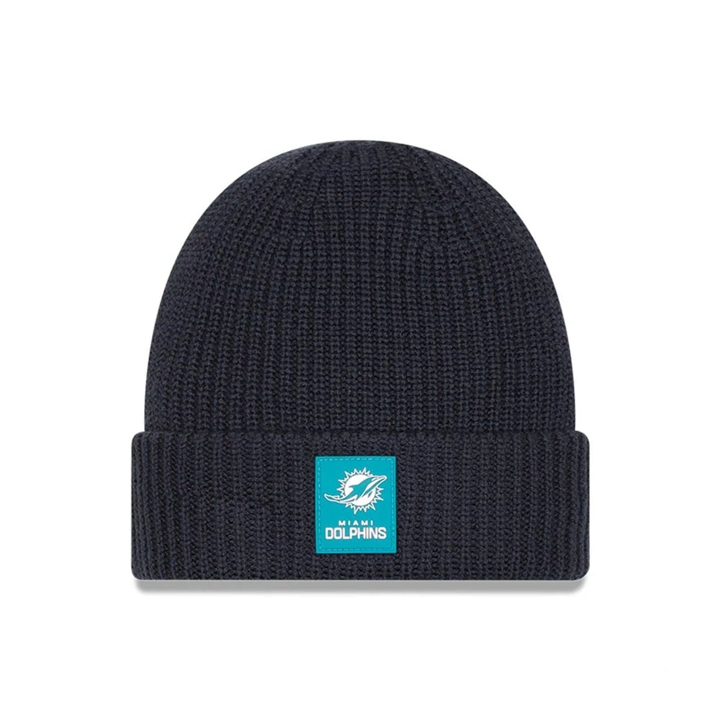 This is a Miami Dolphins NFL Sideline 2025 Charcoal Cuff Knit Beanie Hat 1