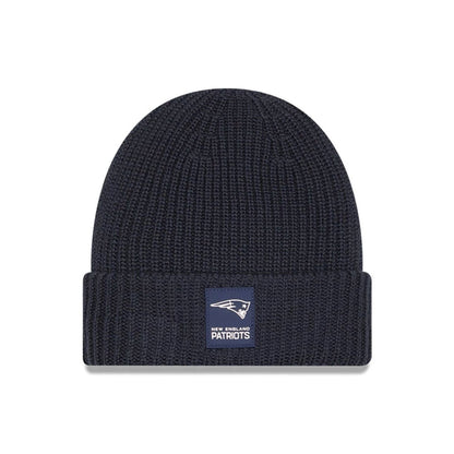 This is a New England Patriots NFL Sideline 2025 Charcoal Cuff Knit Beanie Hat 1