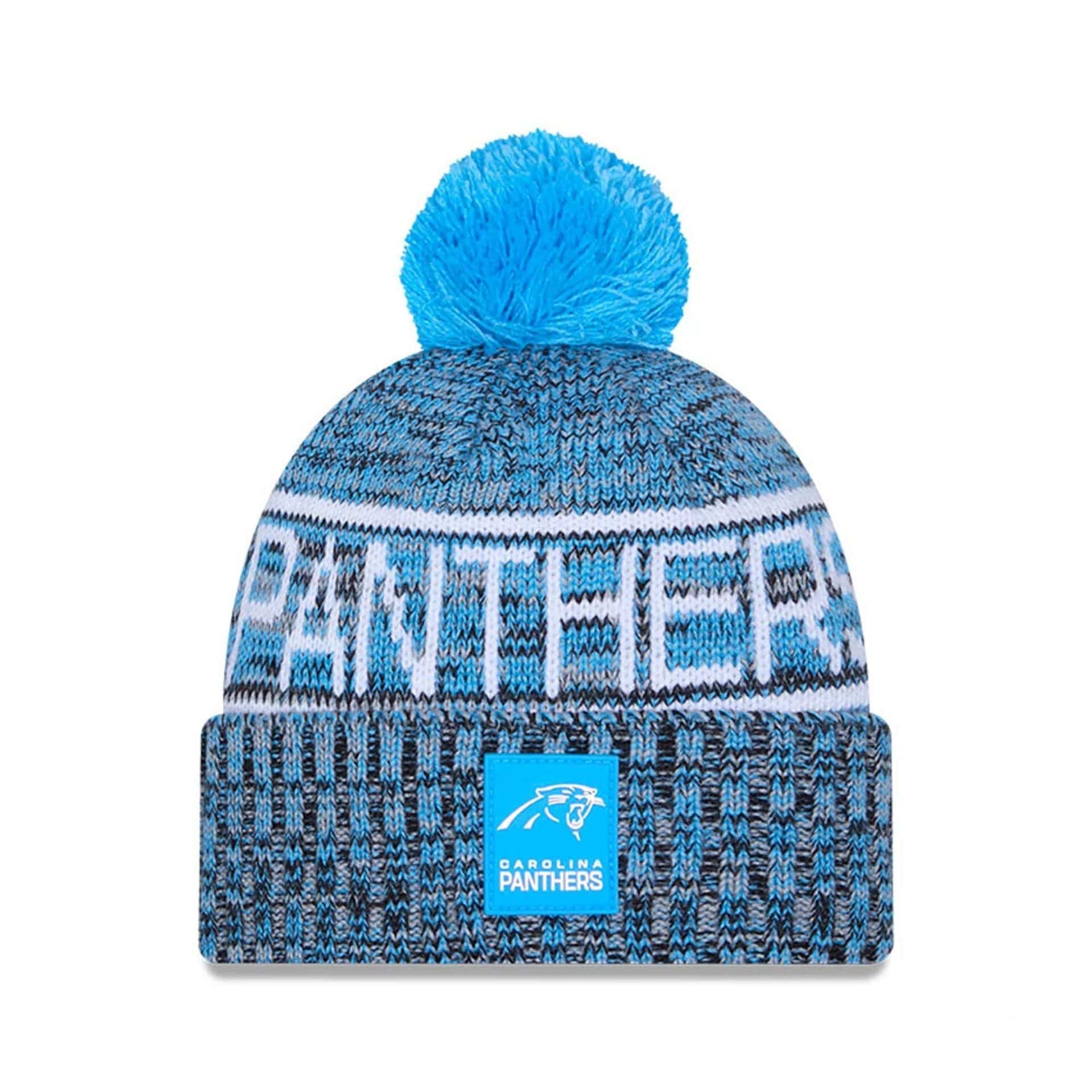 This is a Carolina Panthers NFL Sideline 2025 Blue Sport Knit Beanie Hat 1
