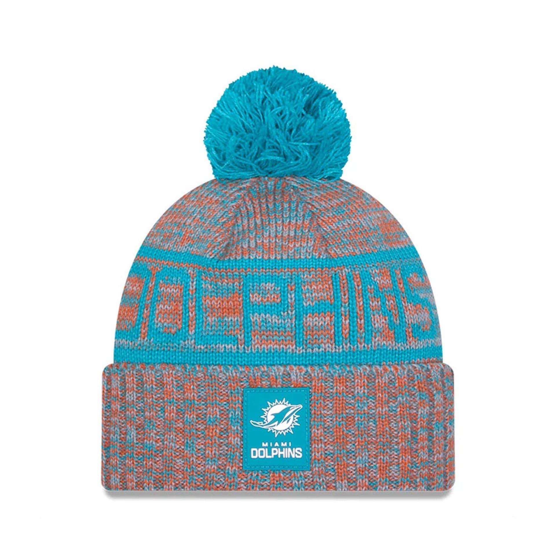 This is a Miami Dolphins NFL Sideline 2025 Turquoise Sport Knit Beanie Hat 1
