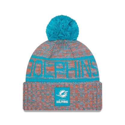 This is a Miami Dolphins NFL Sideline 2025 Turquoise Sport Knit Beanie Hat 1