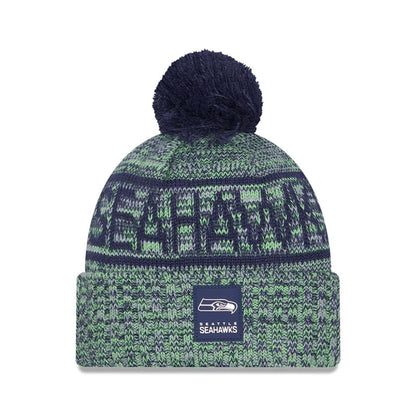 This is a Seattle Seahawks NFL Sideline 2025 Dark Blue Sport Knit Beanie Hat 1