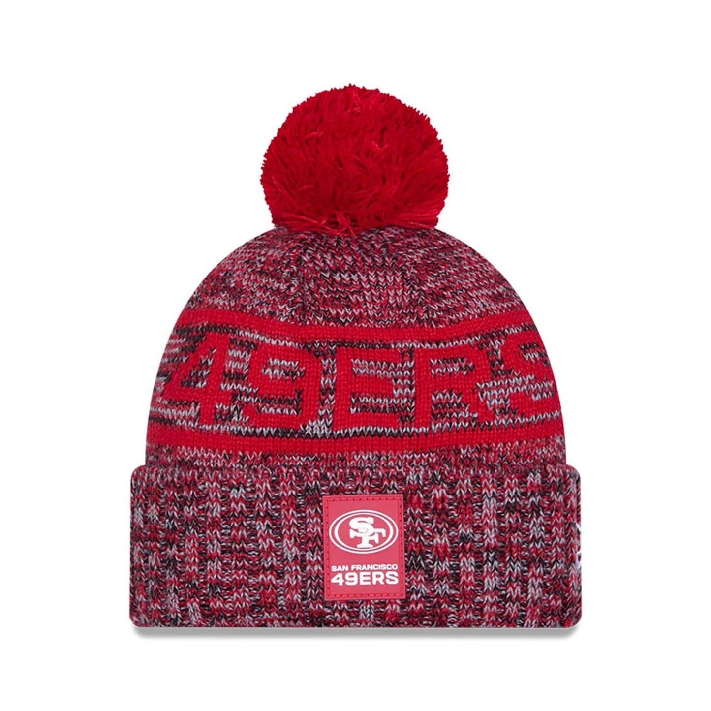 This is a San Francisco 49ers NFL Sideline 2025 Red Sport Knit Beanie Hat 1