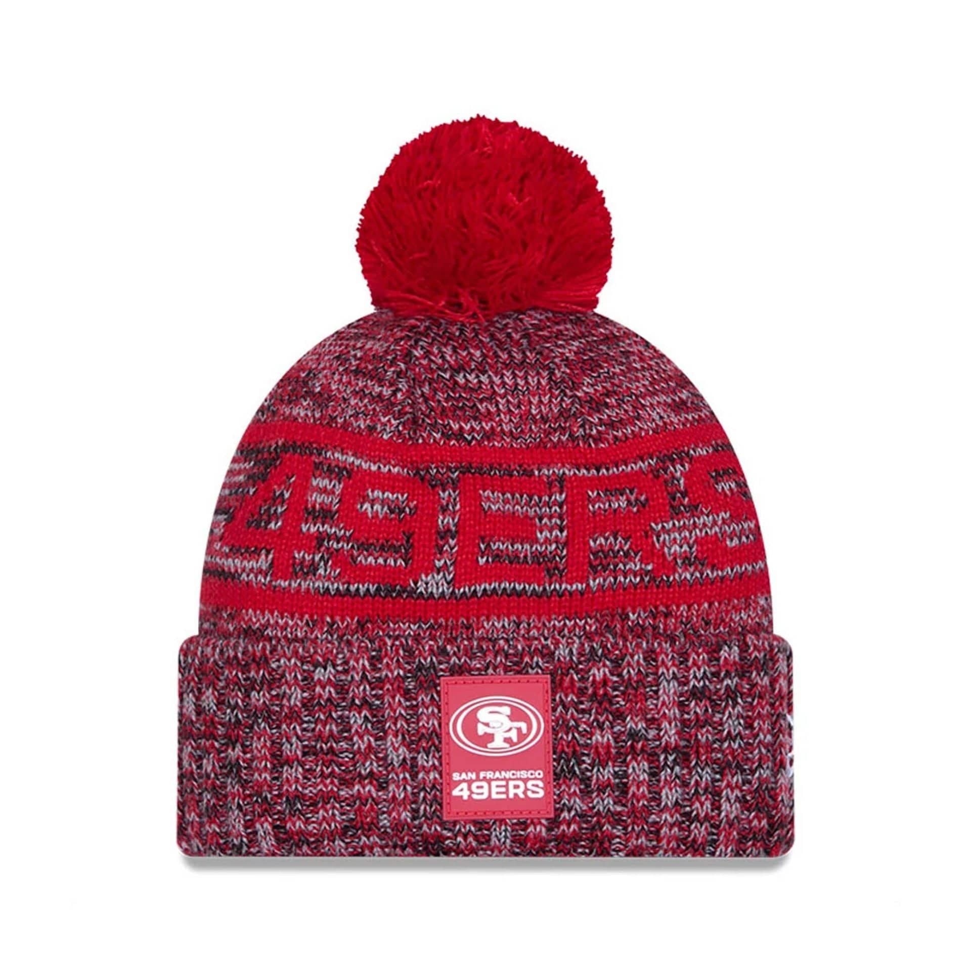 This is a San Francisco 49ers NFL Sideline 2025 Red Sport Knit Beanie Hat 1