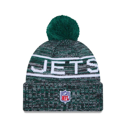 This is a New York Jets NFL Sideline 2025 Green Sport Knit Beanie Hat 3
