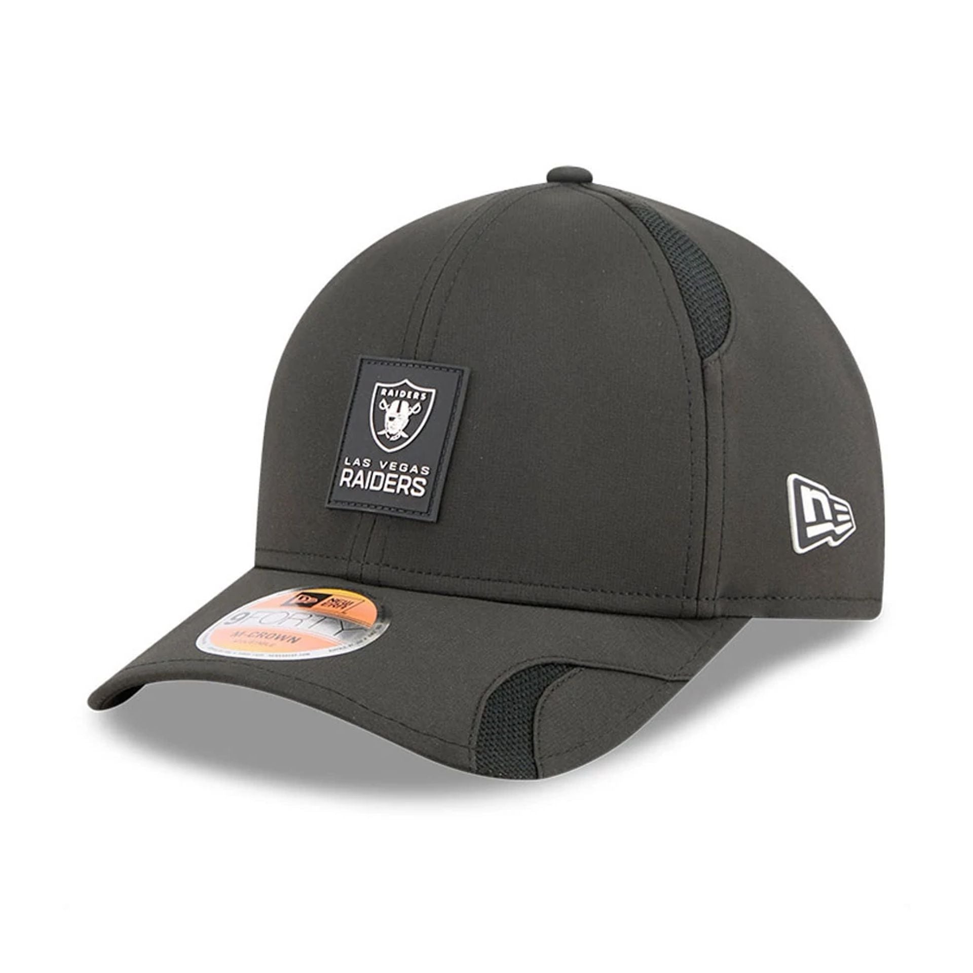 This is a Las Vegas Raiders NFL Sideline 2025 Black 9FORTY M-Crown Adjustable Cap 1