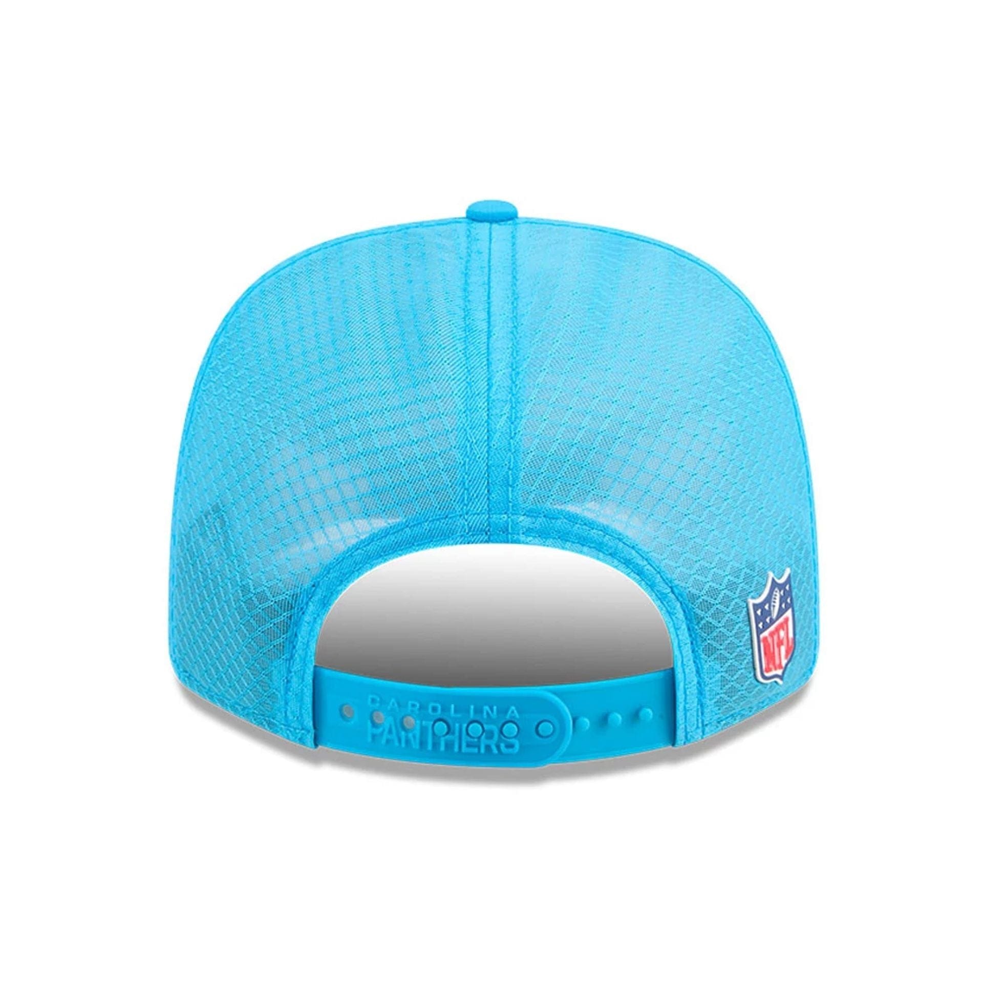 This is a Carolina Panthers NFL Sideline 2025 Blue 9SEVENTY Trucker Stretch Snap Adjustable Cap 6