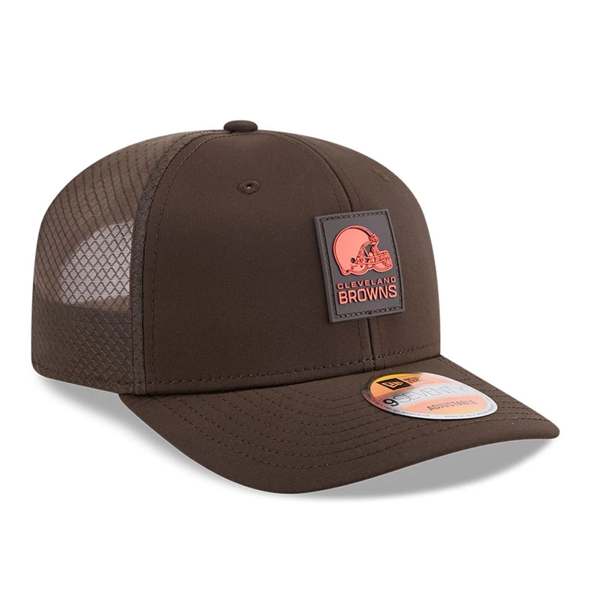 This is a Cleveland Browns NFL Sideline 2025 Dark Brown 9SEVENTY Trucker Stretch Snap Adjustable Cap 3