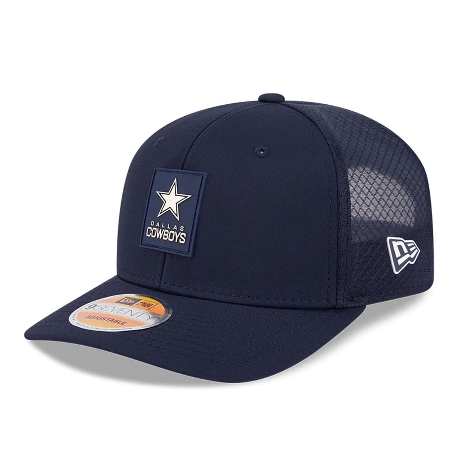 This is a Dallas Cowboys NFL Sideline 2025 Dark Blue 9SEVENTY Trucker Stretch Snap Adjustable Cap 1