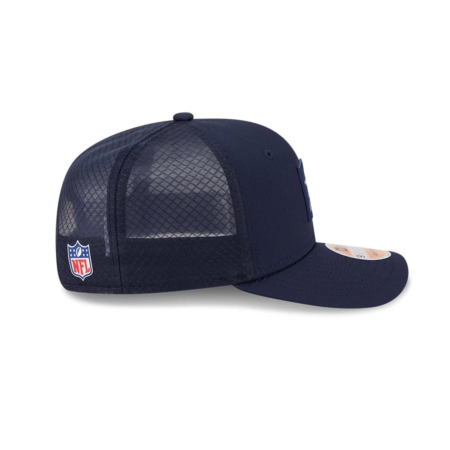 This is a Dallas Cowboys NFL Sideline 2025 Dark Blue 9SEVENTY Trucker Stretch Snap Adjustable Cap 6