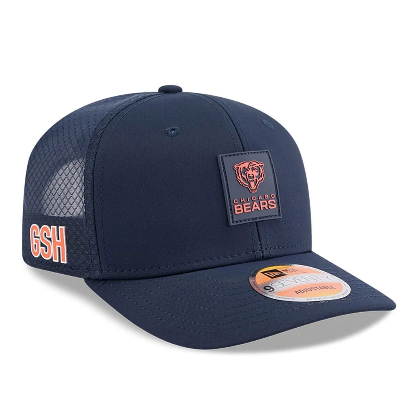 This is a Chicago Bears NFL Sideline 2025 Navy 9SEVENTY Trucker Stretch Snap Adjustable Cap 1