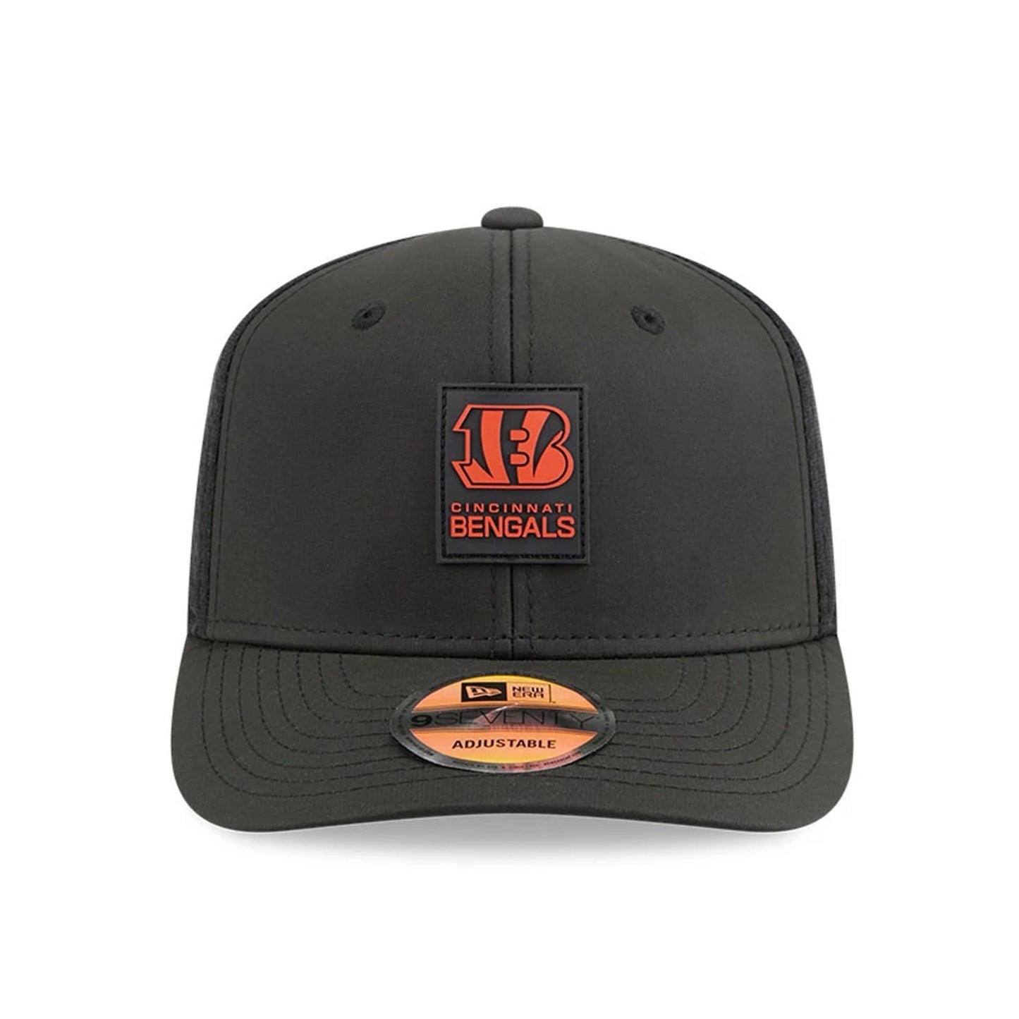 This is a Cincinnati Bengals NFL Sideline 2025 Black 9SEVENTY Trucker Stretch Snap Adjustable Cap 2