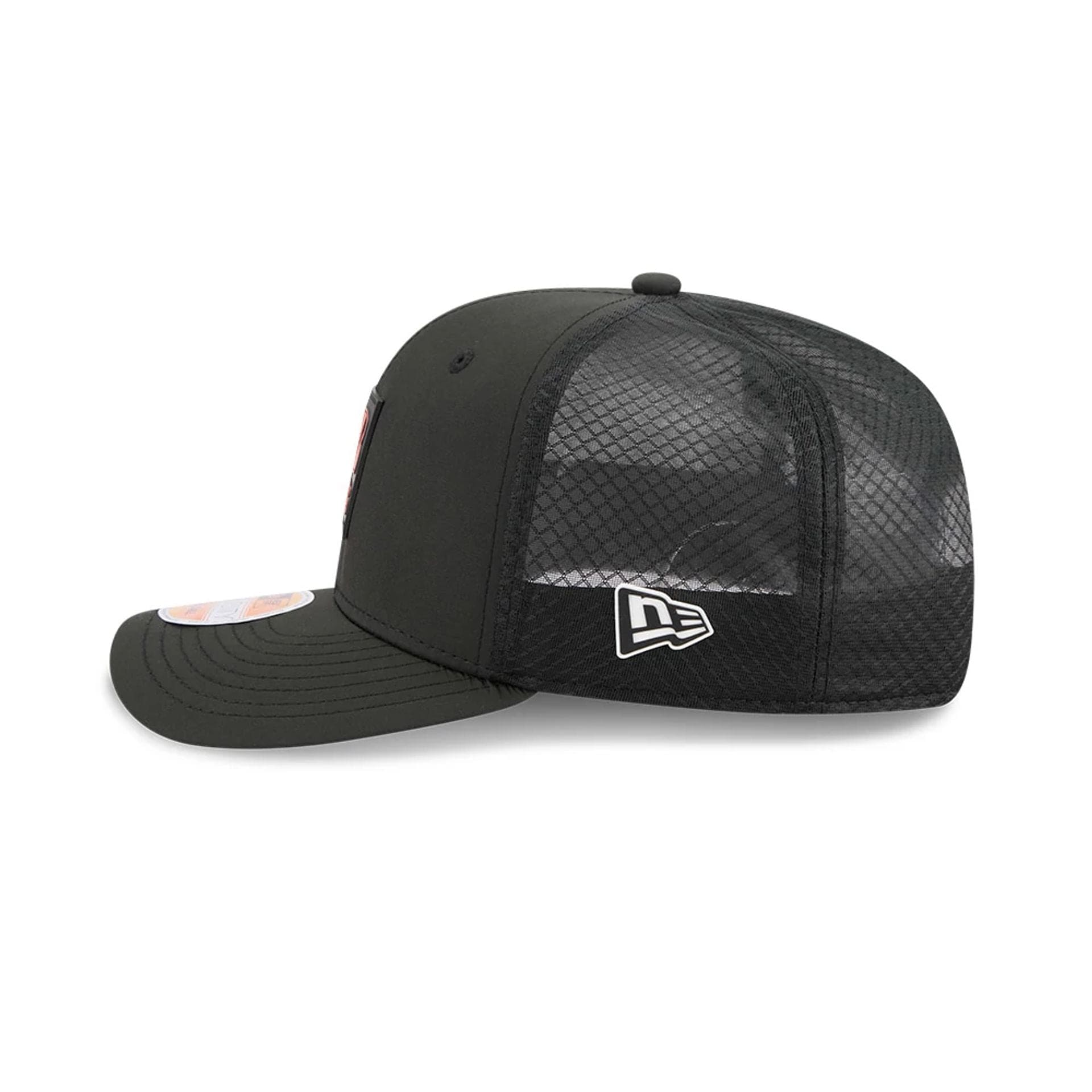 This is a Cincinnati Bengals NFL Sideline 2025 Black 9SEVENTY Trucker Stretch Snap Adjustable Cap 4