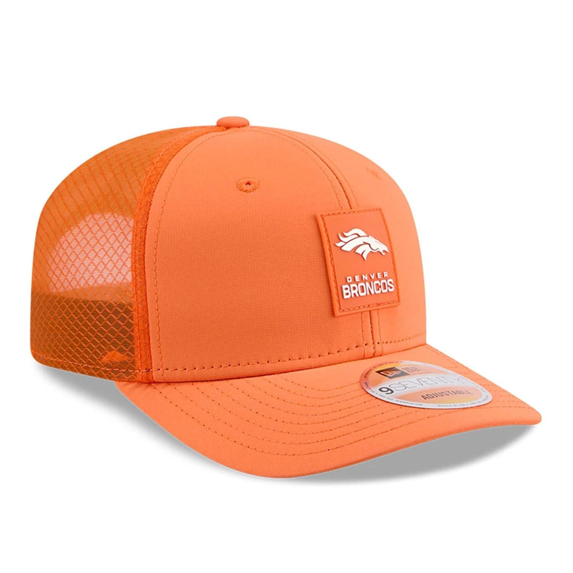This is a Denver Broncos NFL Sideline 2025 Orange 9SEVENTY Trucker Stretch Snap Adjustable Cap 3