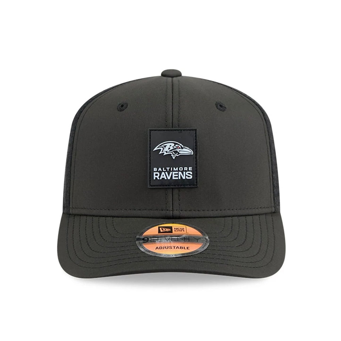 This is a Baltimore Ravens NFL Sideline 2025 Black 9SEVENTY Trucker Stretch Snap Adjustable Cap 2