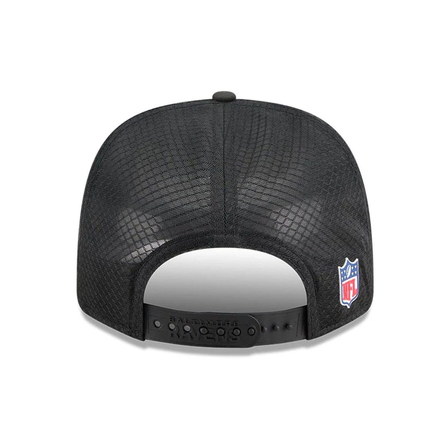 This is a Baltimore Ravens NFL Sideline 2025 Black 9SEVENTY Trucker Stretch Snap Adjustable Cap 6