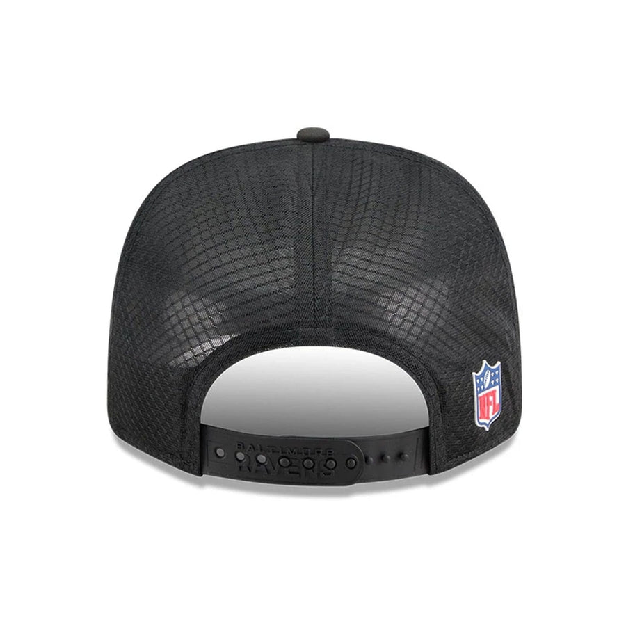 This is a Baltimore Ravens NFL Sideline 2025 Black 9SEVENTY Trucker Stretch Snap Adjustable Cap 6