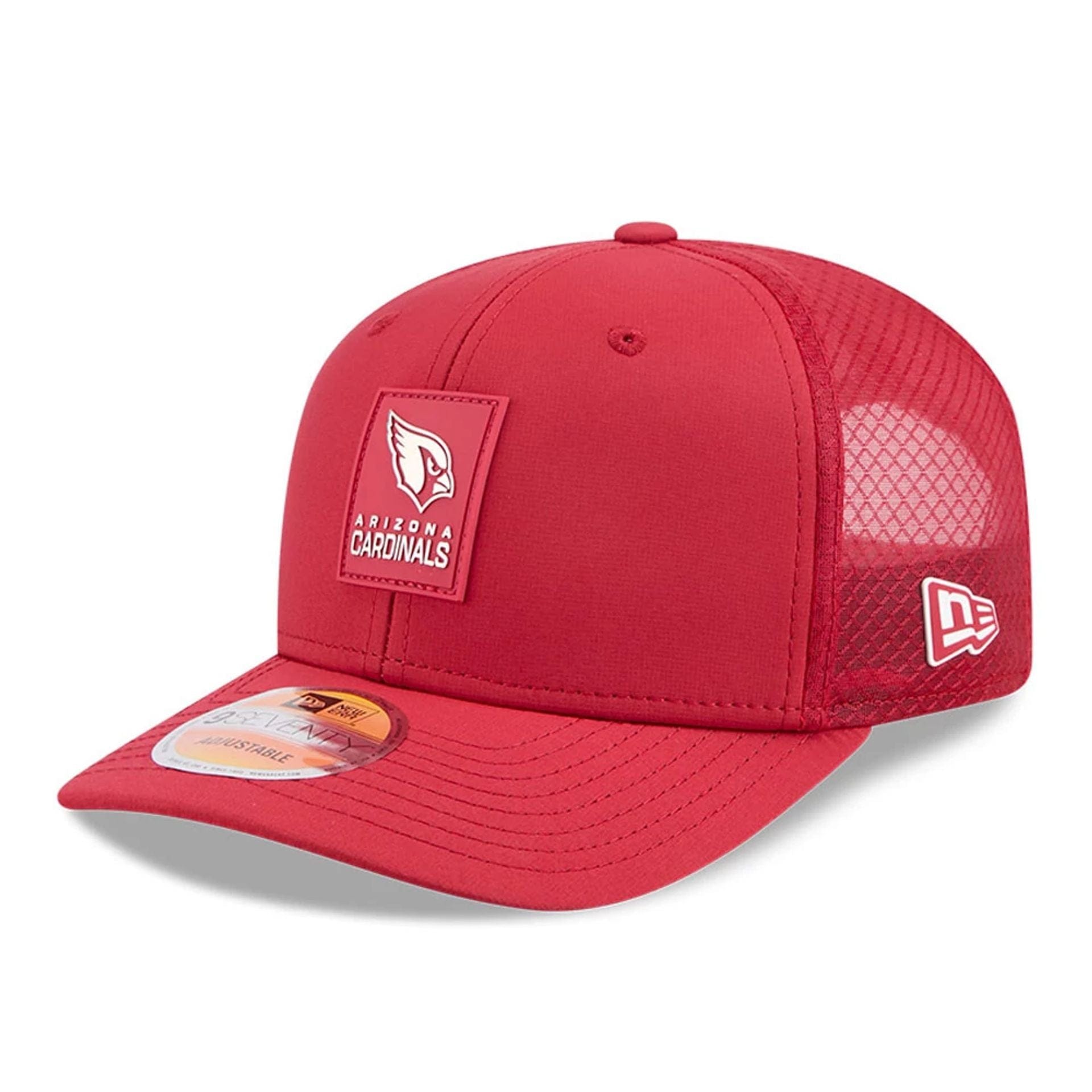 This is a Arizona Cardinals NFL Sideline 2025 Dark Red 9SEVENTY Trucker Stretch Snap Adjustable Cap 1