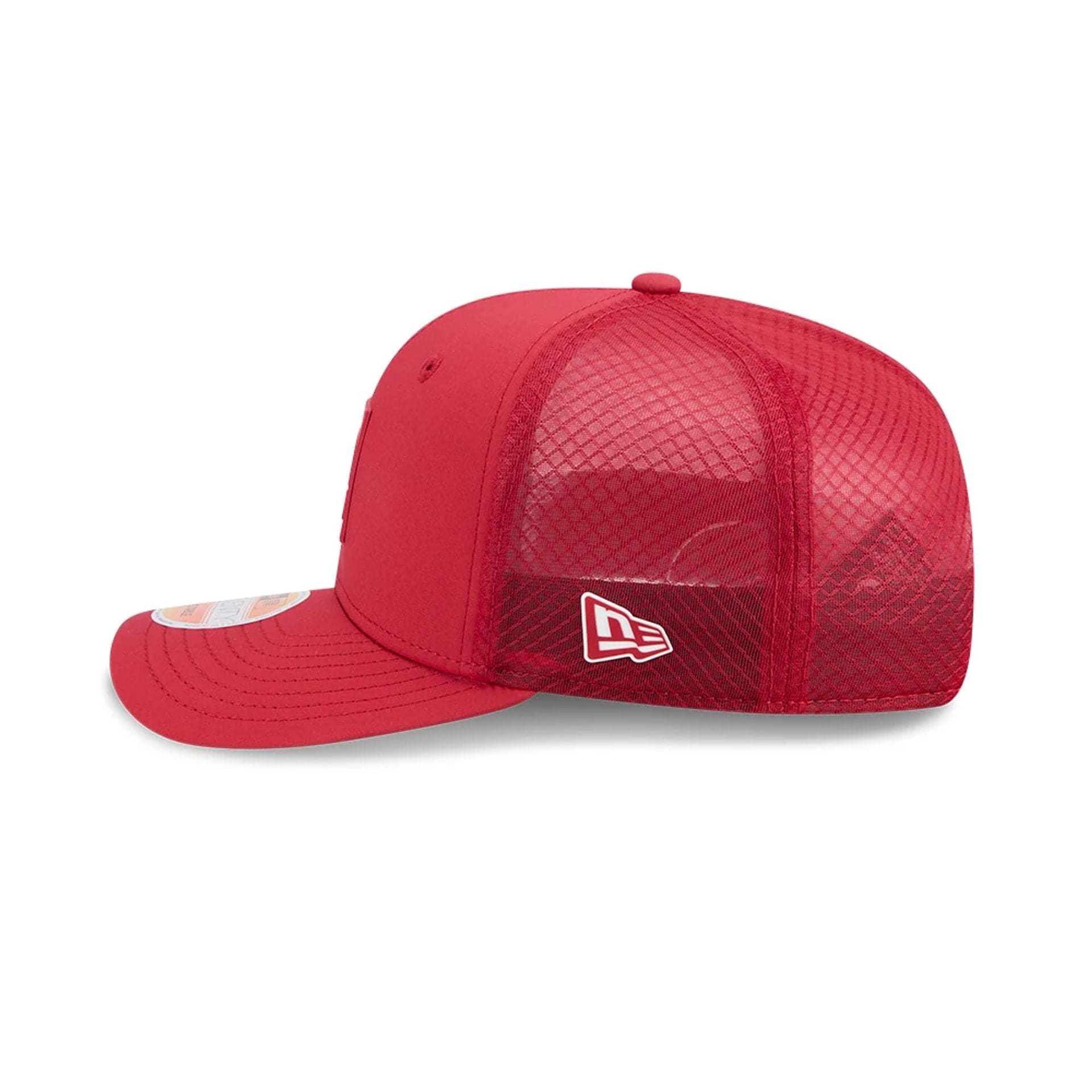 This is a Arizona Cardinals NFL Sideline 2025 Dark Red 9SEVENTY Trucker Stretch Snap Adjustable Cap 4
