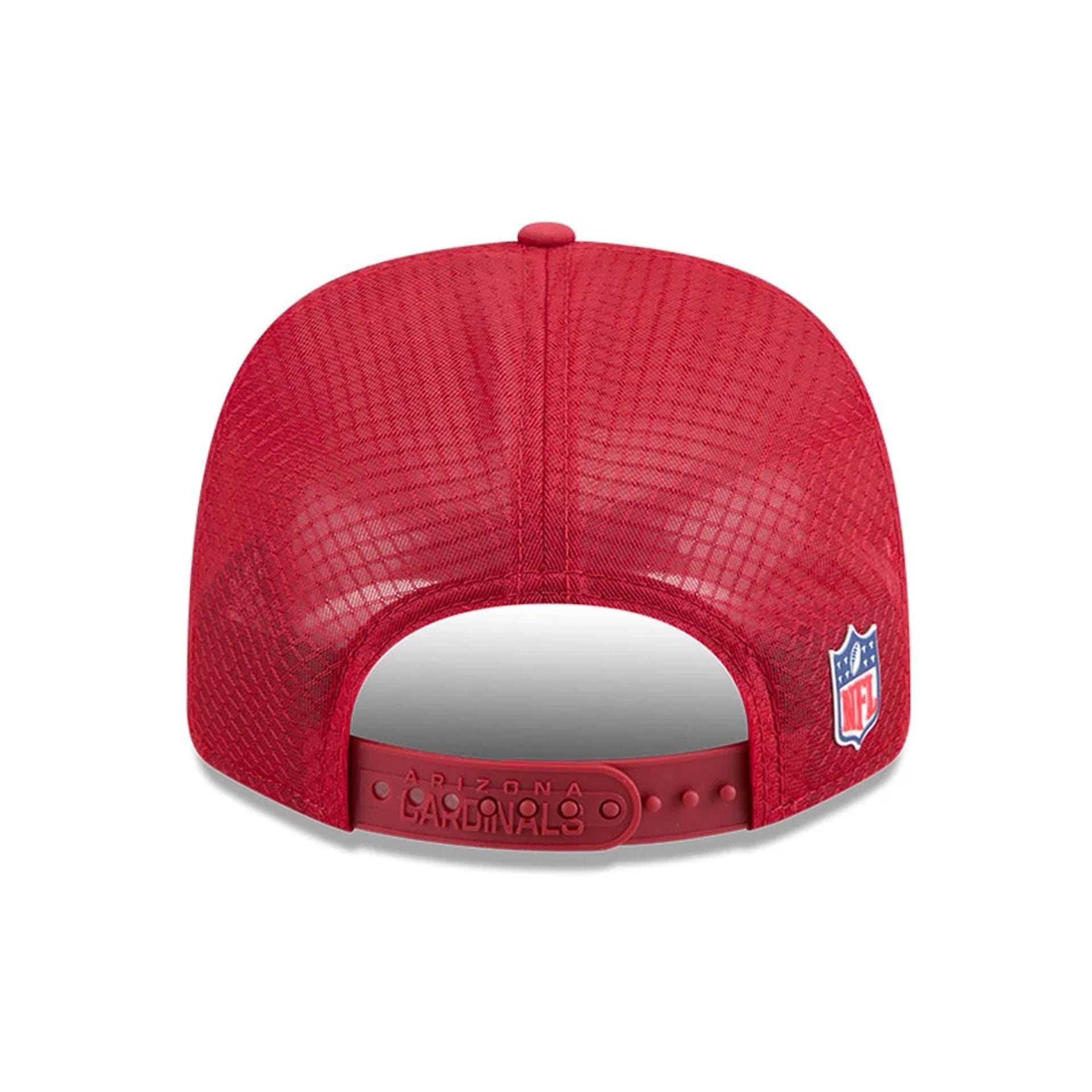 This is a Arizona Cardinals NFL Sideline 2025 Dark Red 9SEVENTY Trucker Stretch Snap Adjustable Cap 6