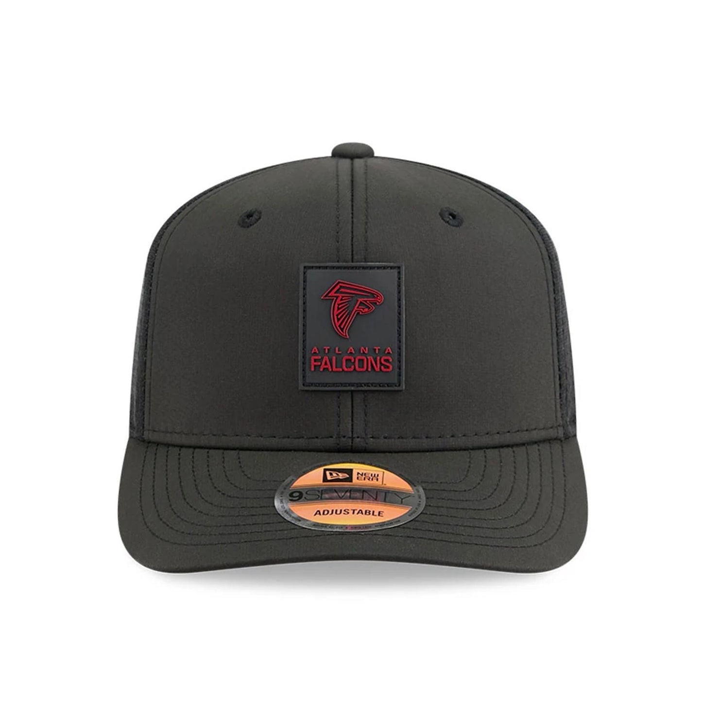 This is a Atlanta Falcons NFL Sideline 2025 Black 9SEVENTY Trucker Stretch Snap Adjustable Cap 2