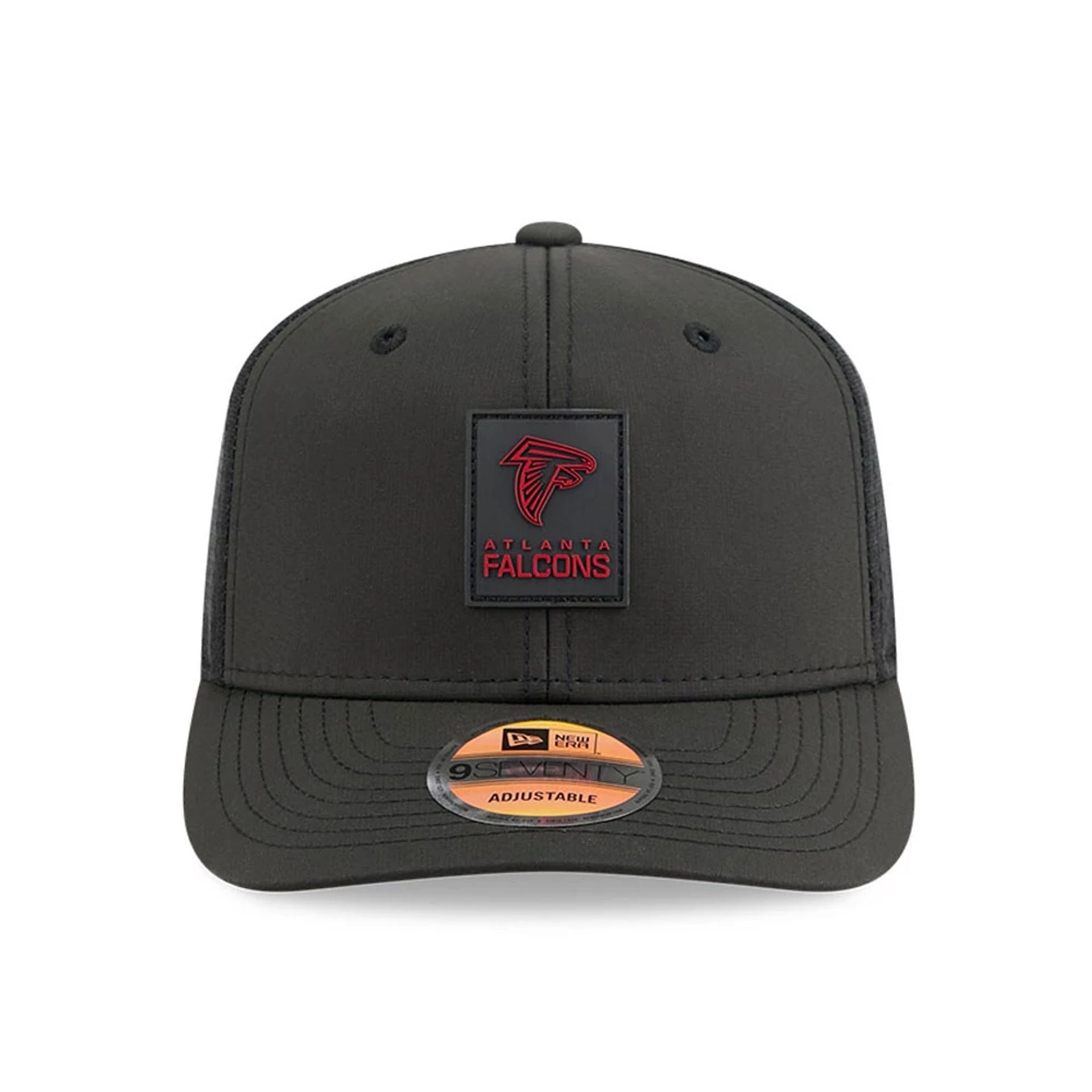 This is a Atlanta Falcons NFL Sideline 2025 Black 9SEVENTY Trucker Stretch Snap Adjustable Cap 2