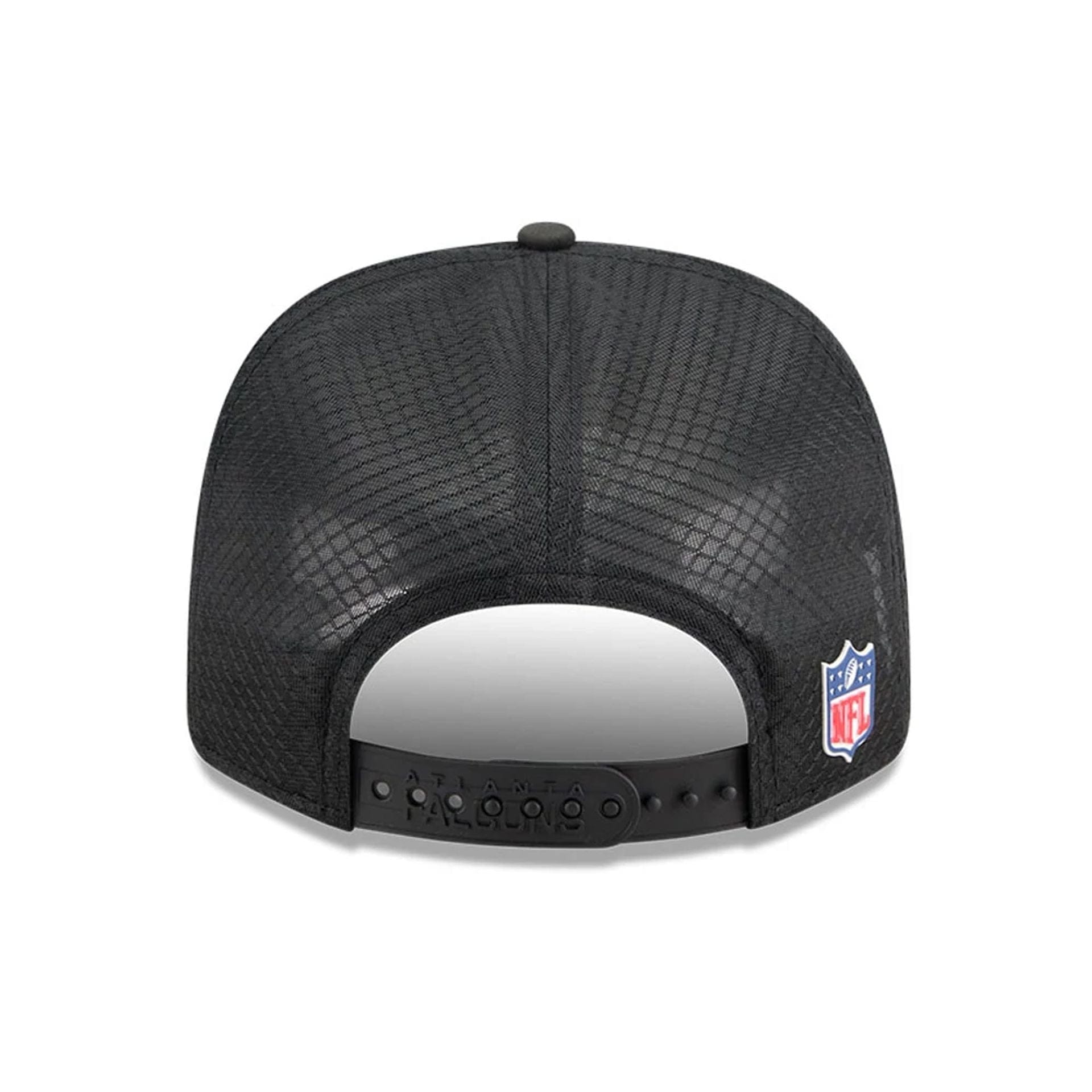 This is a Atlanta Falcons NFL Sideline 2025 Black 9SEVENTY Trucker Stretch Snap Adjustable Cap 6