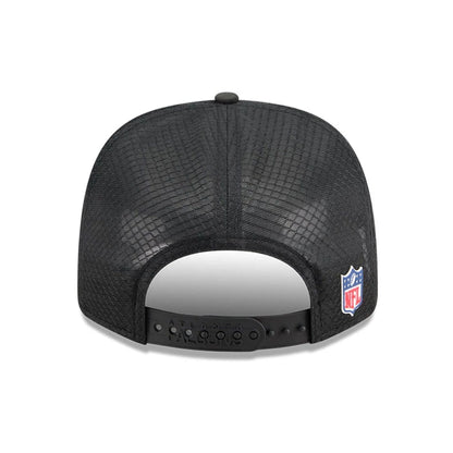 This is a Atlanta Falcons NFL Sideline 2025 Black 9SEVENTY Trucker Stretch Snap Adjustable Cap 6