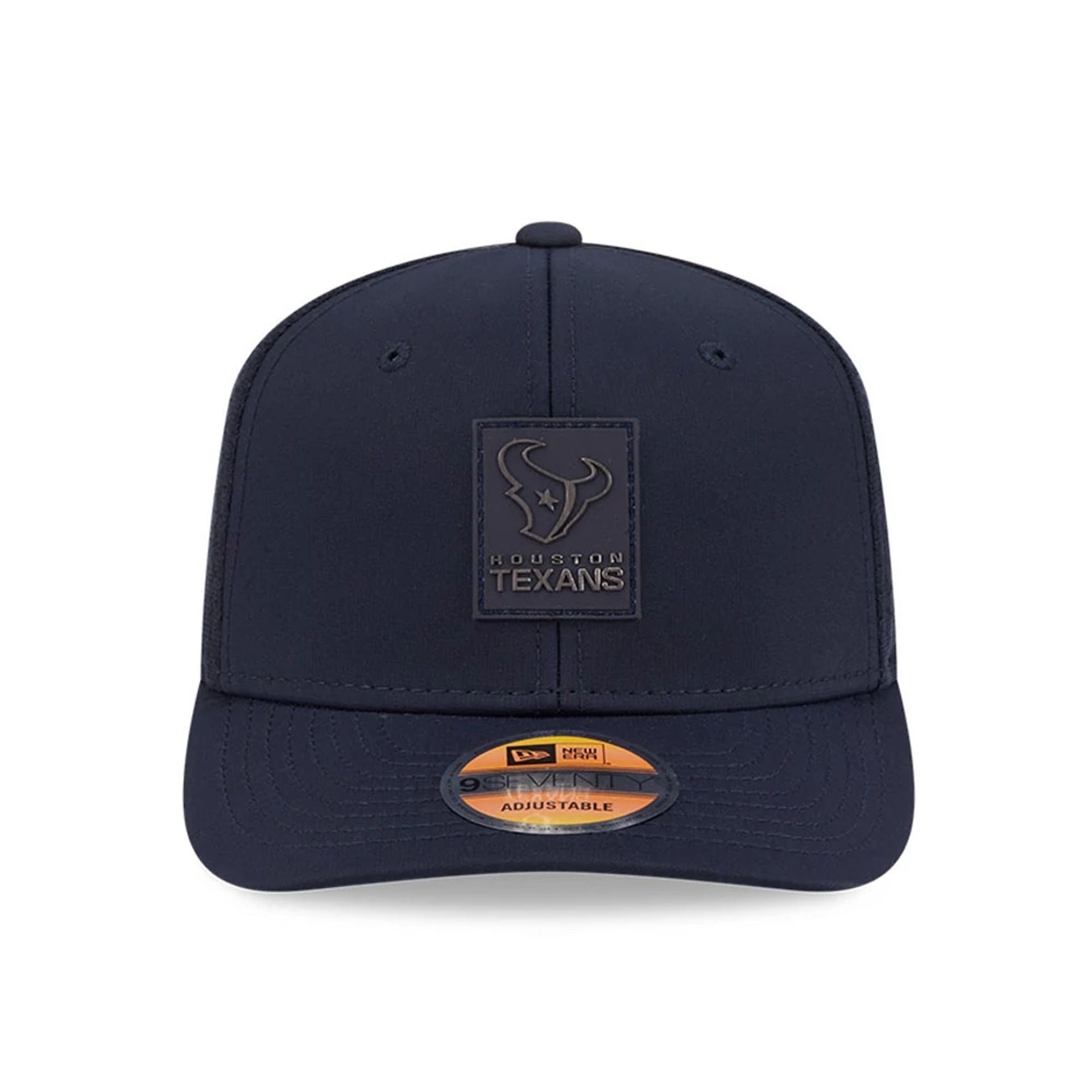 This is a Houston Texans NFL Sideline 2025 Navy 9SEVENTY Trucker Stretch Snap Adjustable Cap 2