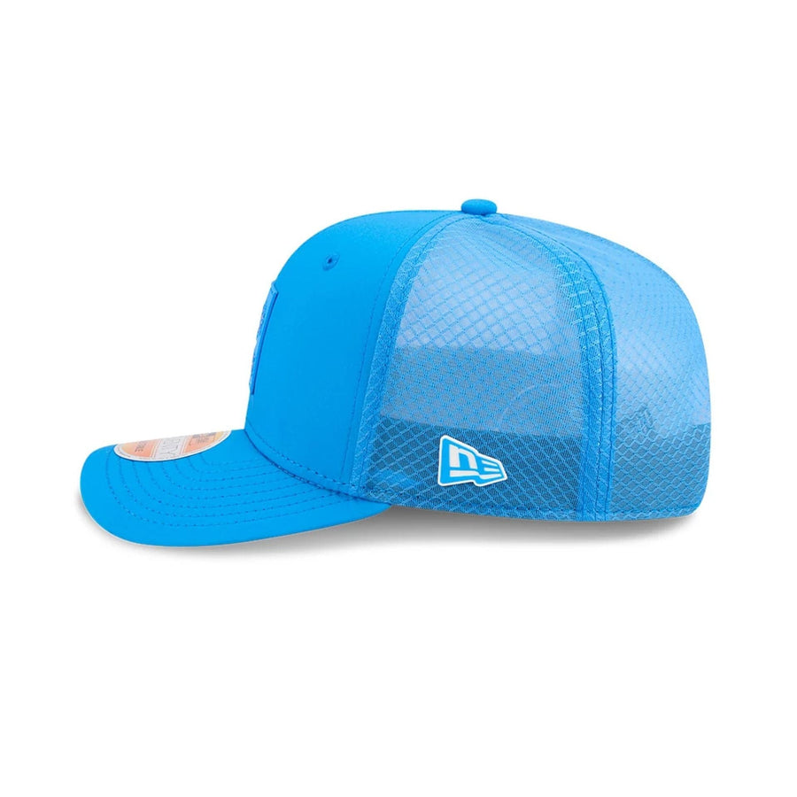 This is a Detroit Lions NFL Sideline 2025 Blue 9SEVENTY Trucker Stretch Snap Adjustable Cap 4
