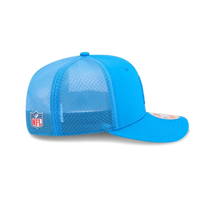 This is a Detroit Lions NFL Sideline 2025 Blue 9SEVENTY Trucker Stretch Snap Adjustable Cap 5