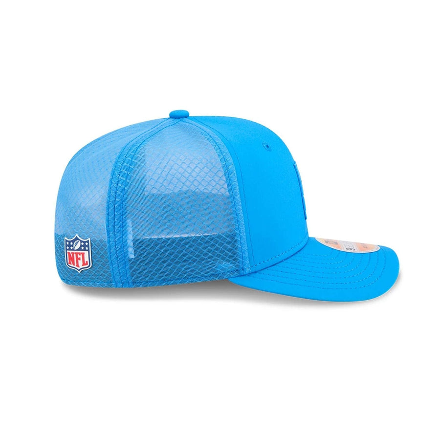 This is a Detroit Lions NFL Sideline 2025 Blue 9SEVENTY Trucker Stretch Snap Adjustable Cap 5