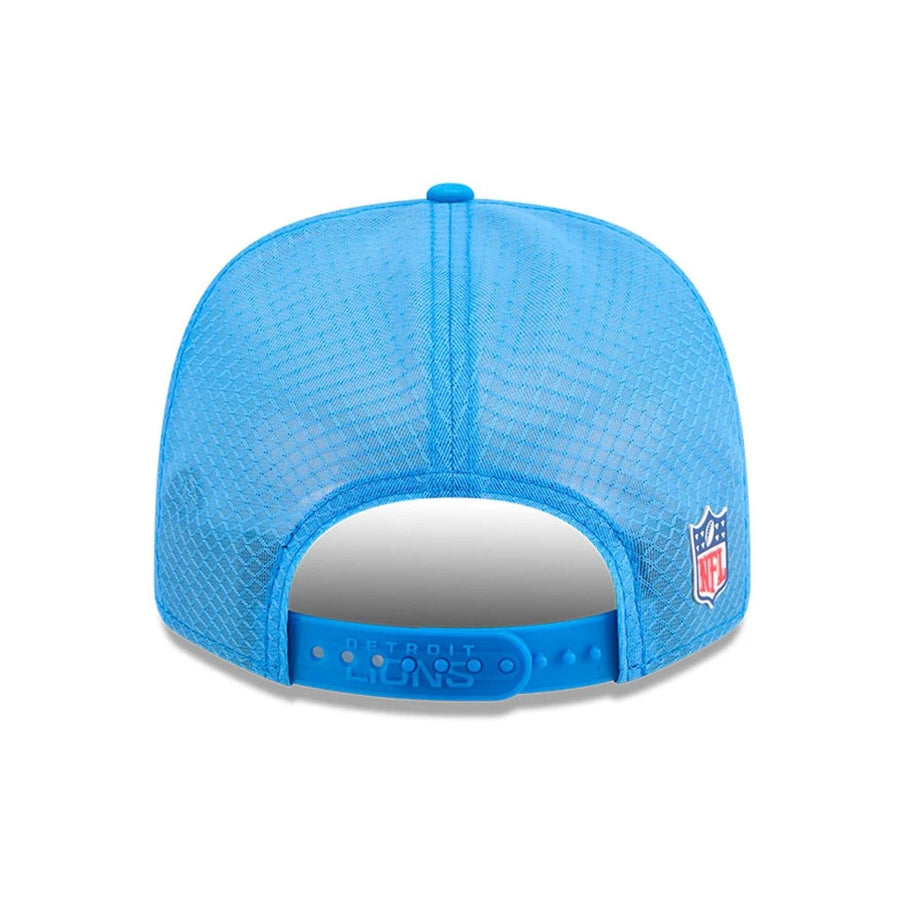 This is a Detroit Lions NFL Sideline 2025 Blue 9SEVENTY Trucker Stretch Snap Adjustable Cap 6
