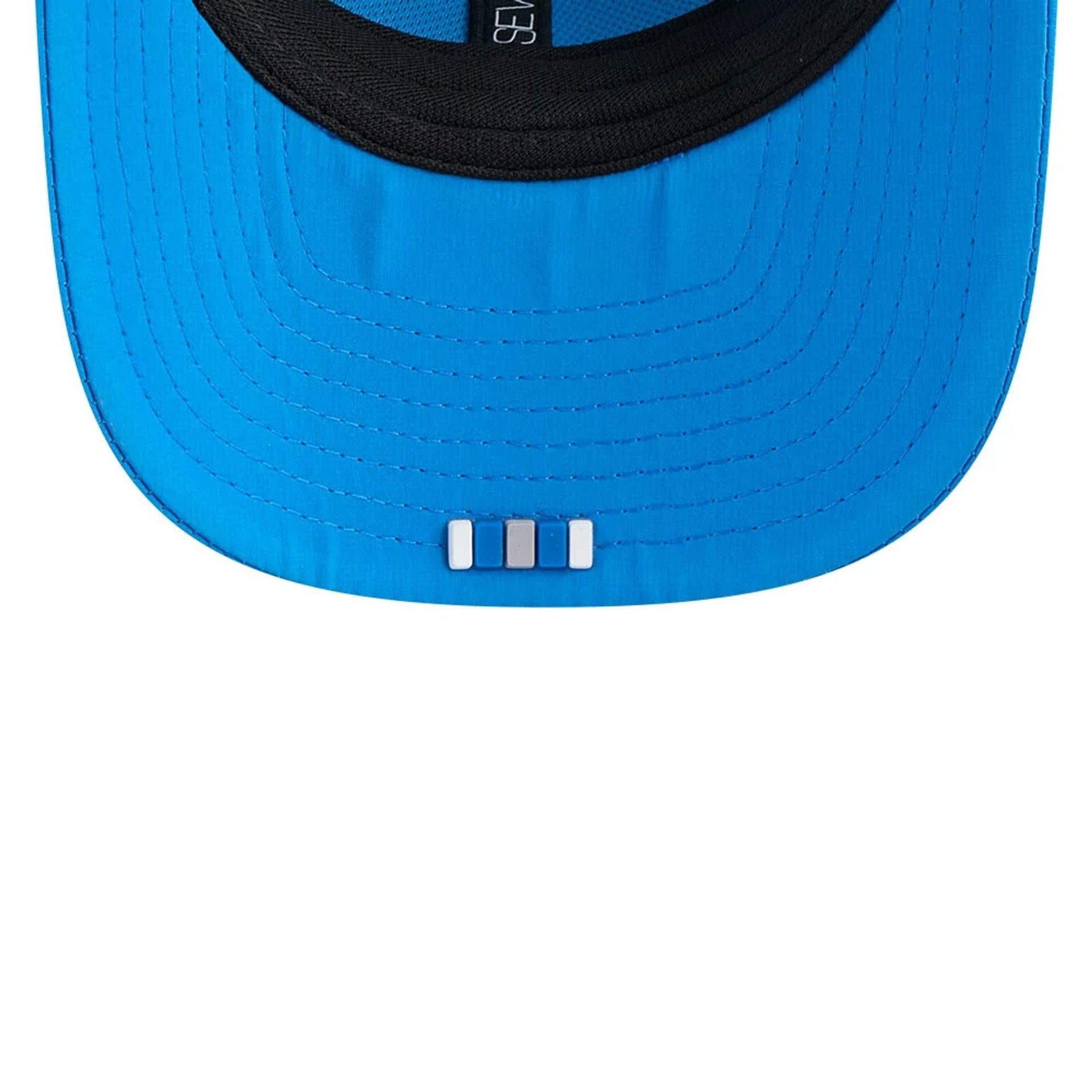 This is a Detroit Lions NFL Sideline 2025 Blue 9SEVENTY Trucker Stretch Snap Adjustable Cap 7