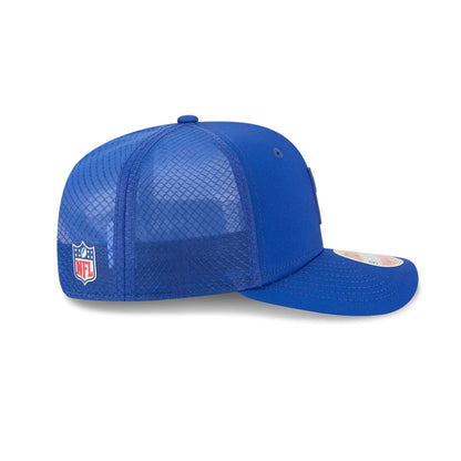 This is a New York Giants NFL Sideline 2025 Dark Blue 9SEVENTY Trucker Stretch Snap Adjustable Cap 5