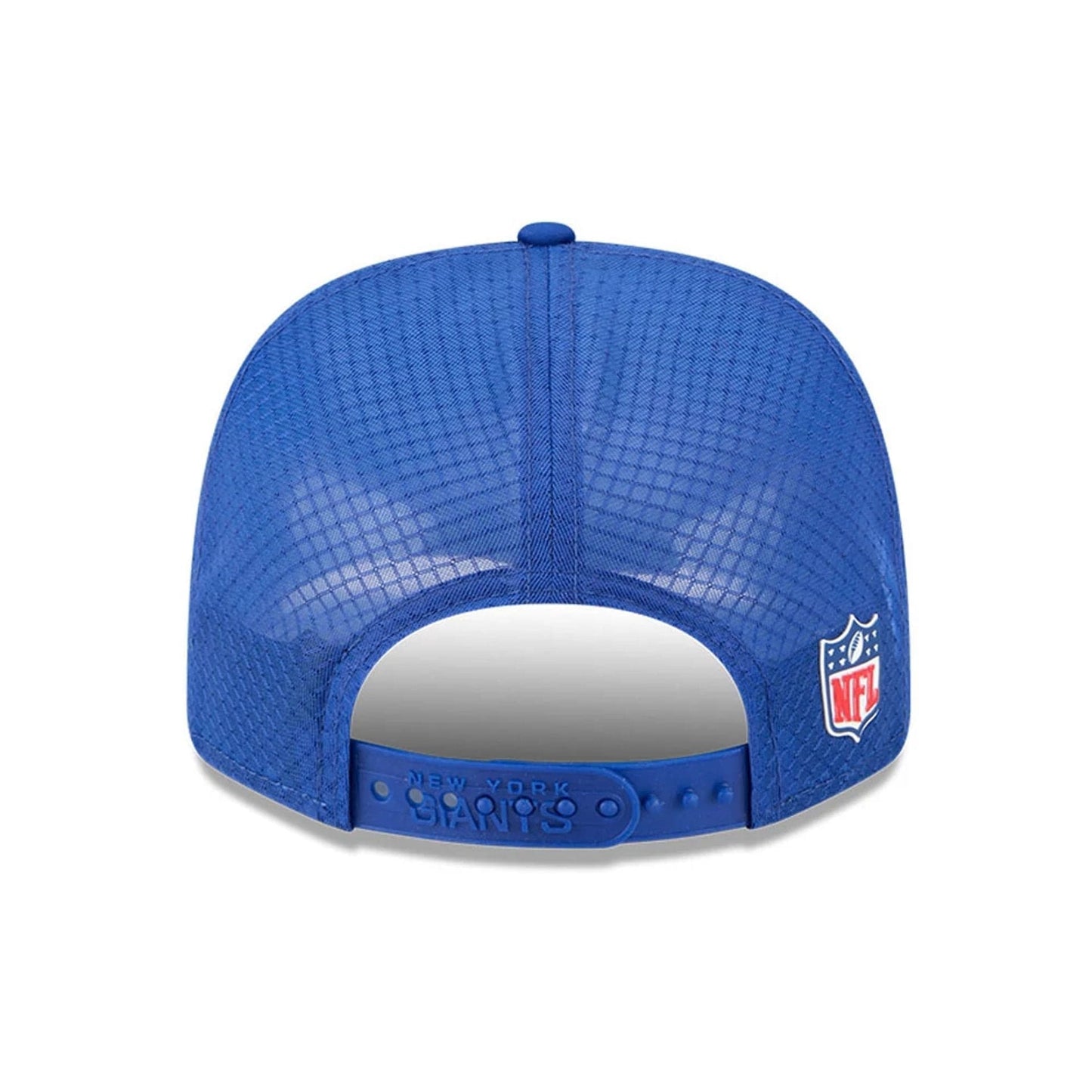 This is a New York Giants NFL Sideline 2025 Dark Blue 9SEVENTY Trucker Stretch Snap Adjustable Cap 6