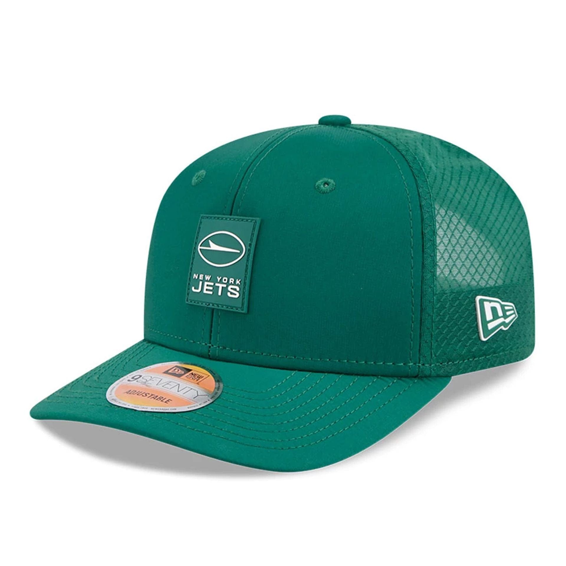 This is a New York Jets NFL Sideline 2025 Green 9SEVENTY Trucker Stretch Snap Adjustable Cap 1