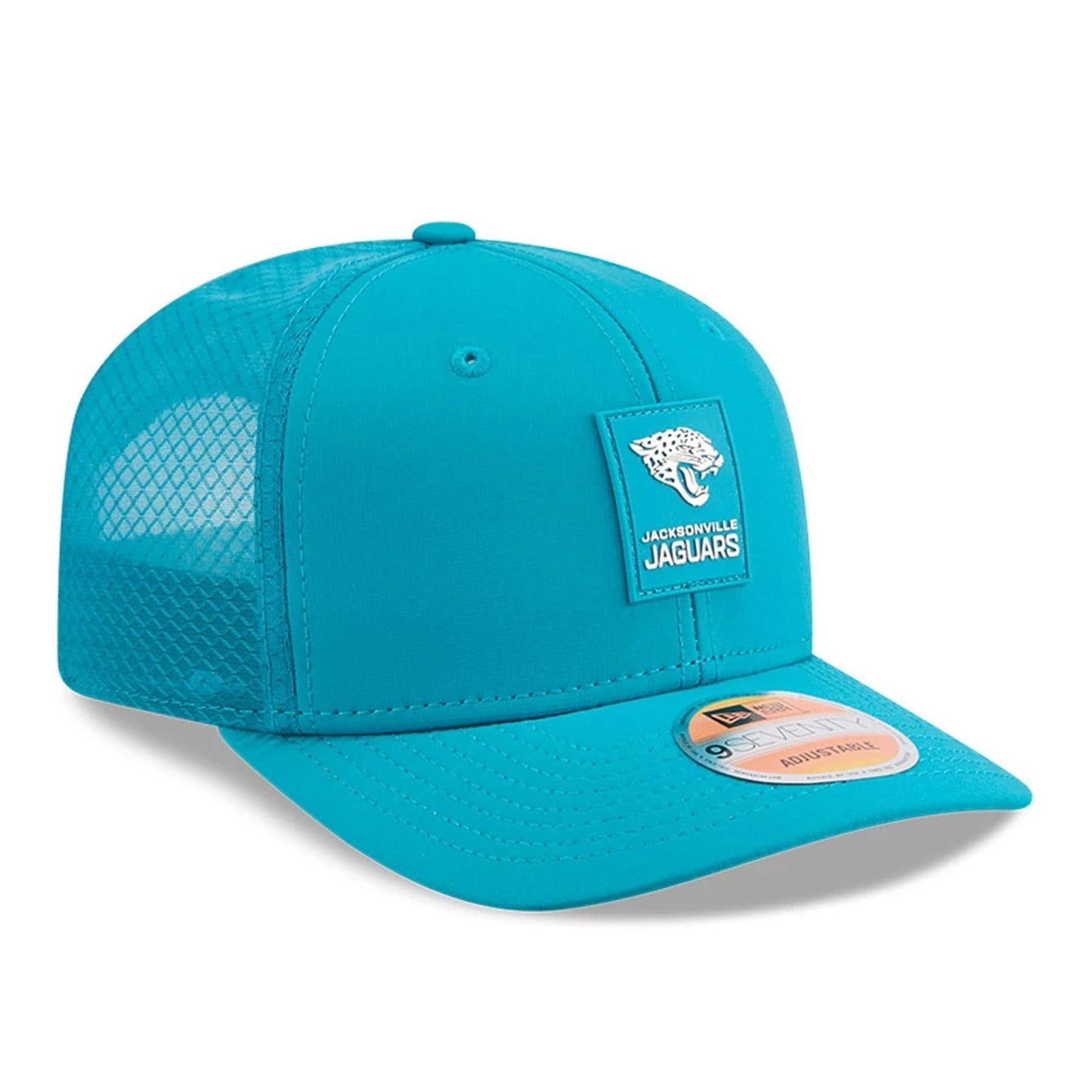 This is a Jacksonville Jaguars NFL Sideline 2025 Turquoise 9SEVENTY Trucker Stretch Snap Adjustable Cap 3